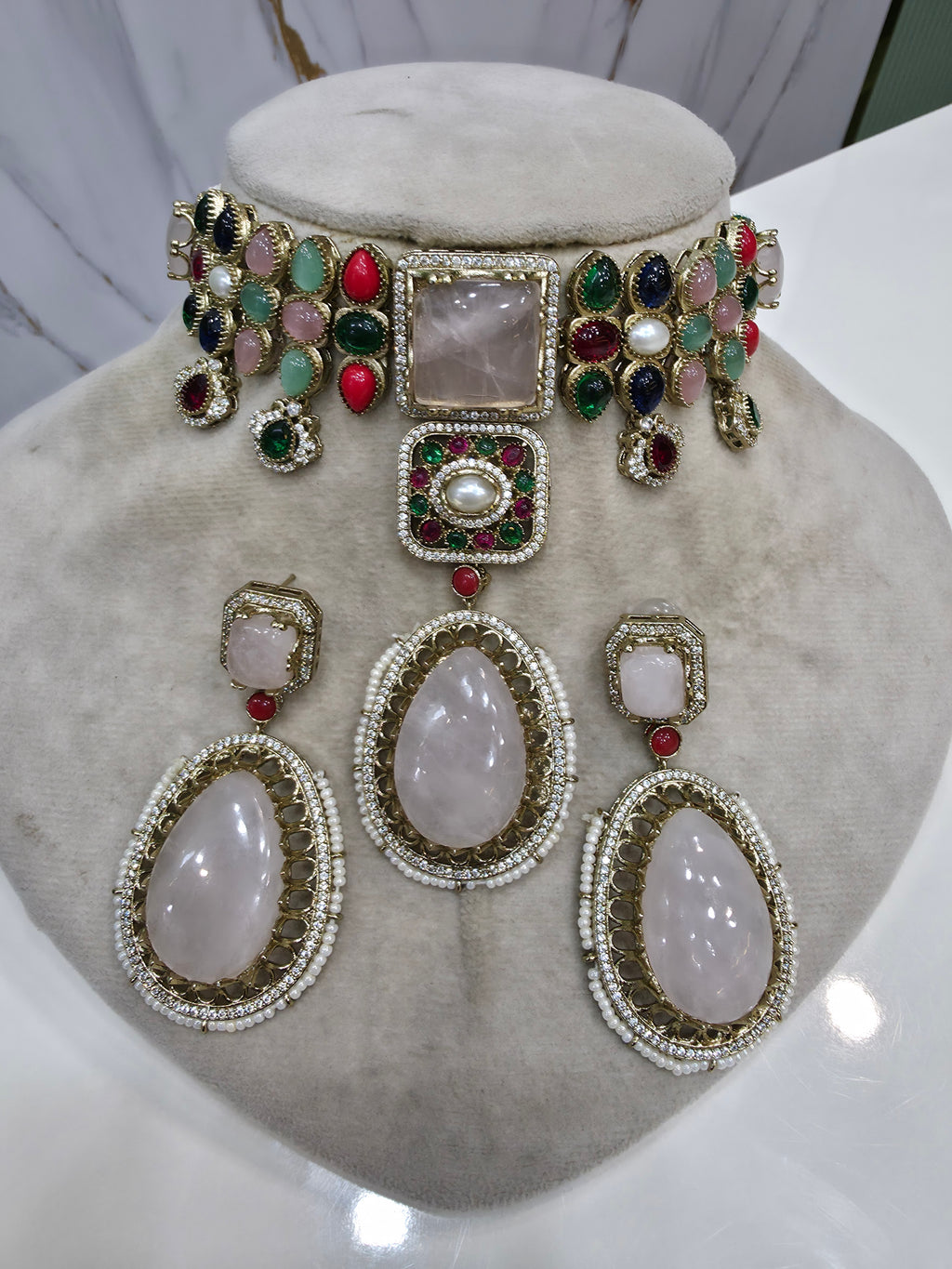 Alokika Sabya Inspired Pearl and Natural Stone Necklace Set- Soft Pink Multi