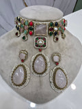 Alokika Sabya Inspired Pearl and Natural Stone Necklace Set- Soft Pink Multi