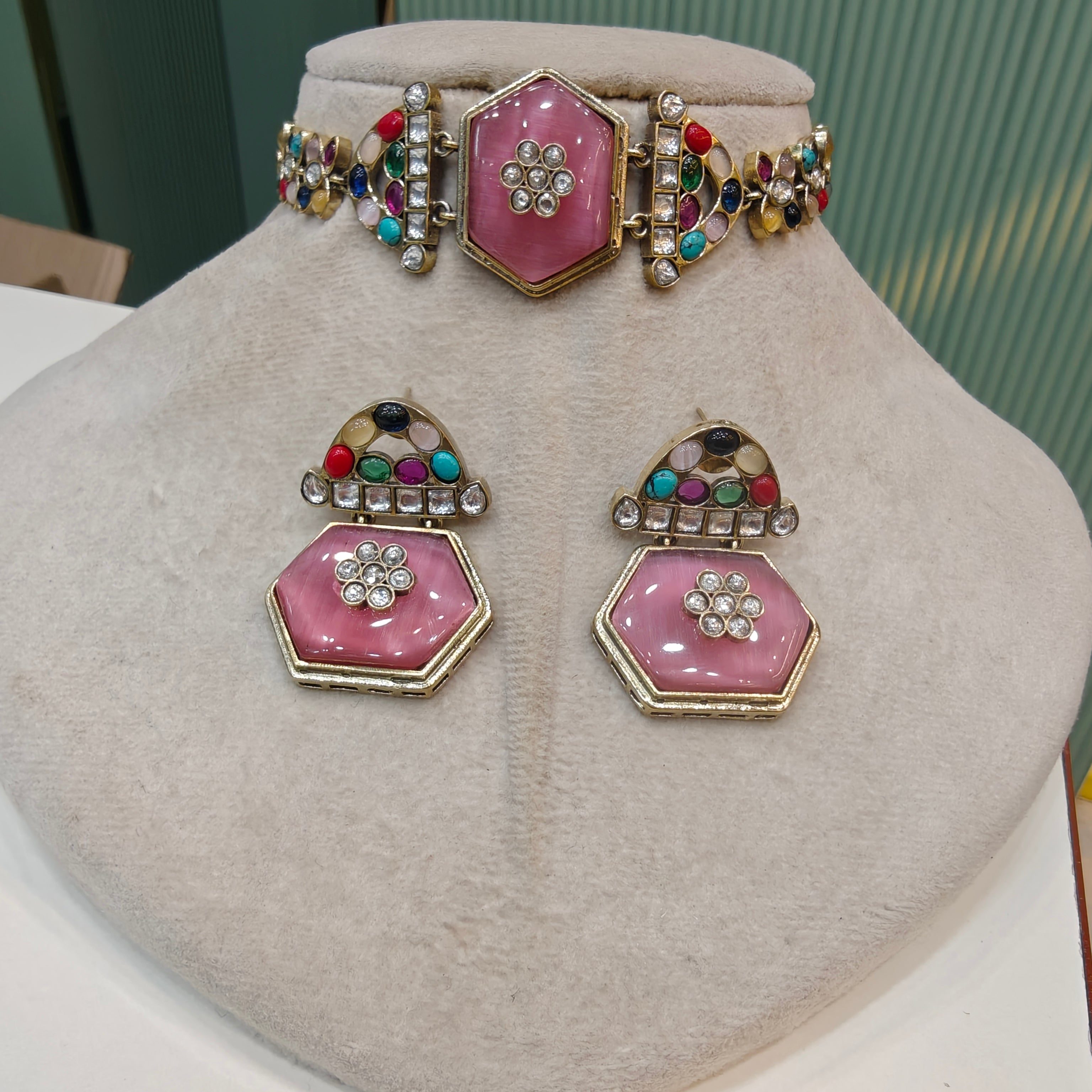 Ozel Navratan Sleek Choker Set- Pink Multi