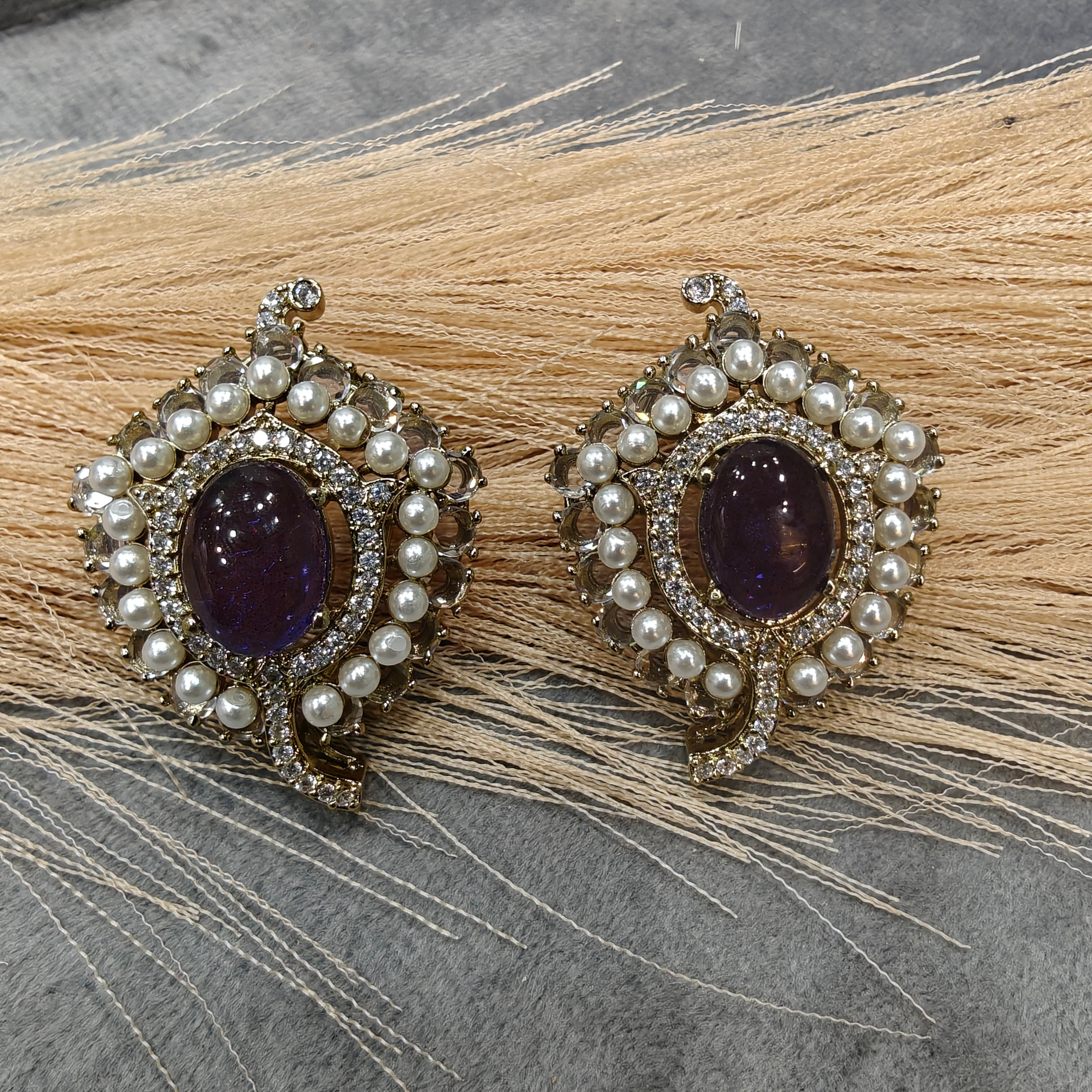 Ruksaar Cabochon Doublet and Cut Polki Studs- Purple