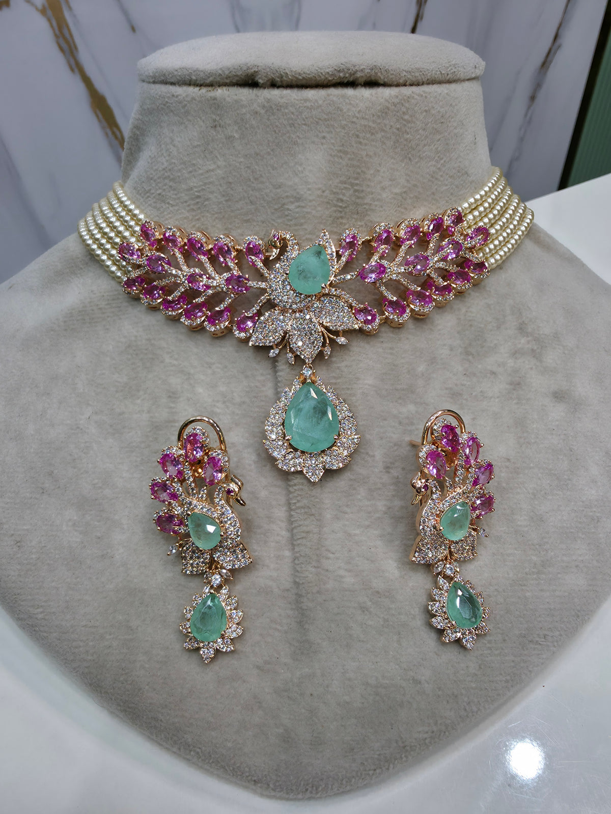 Mayura Hazoori Inspired Doublet and Pearl Choker Necklace Set- Mint Pink