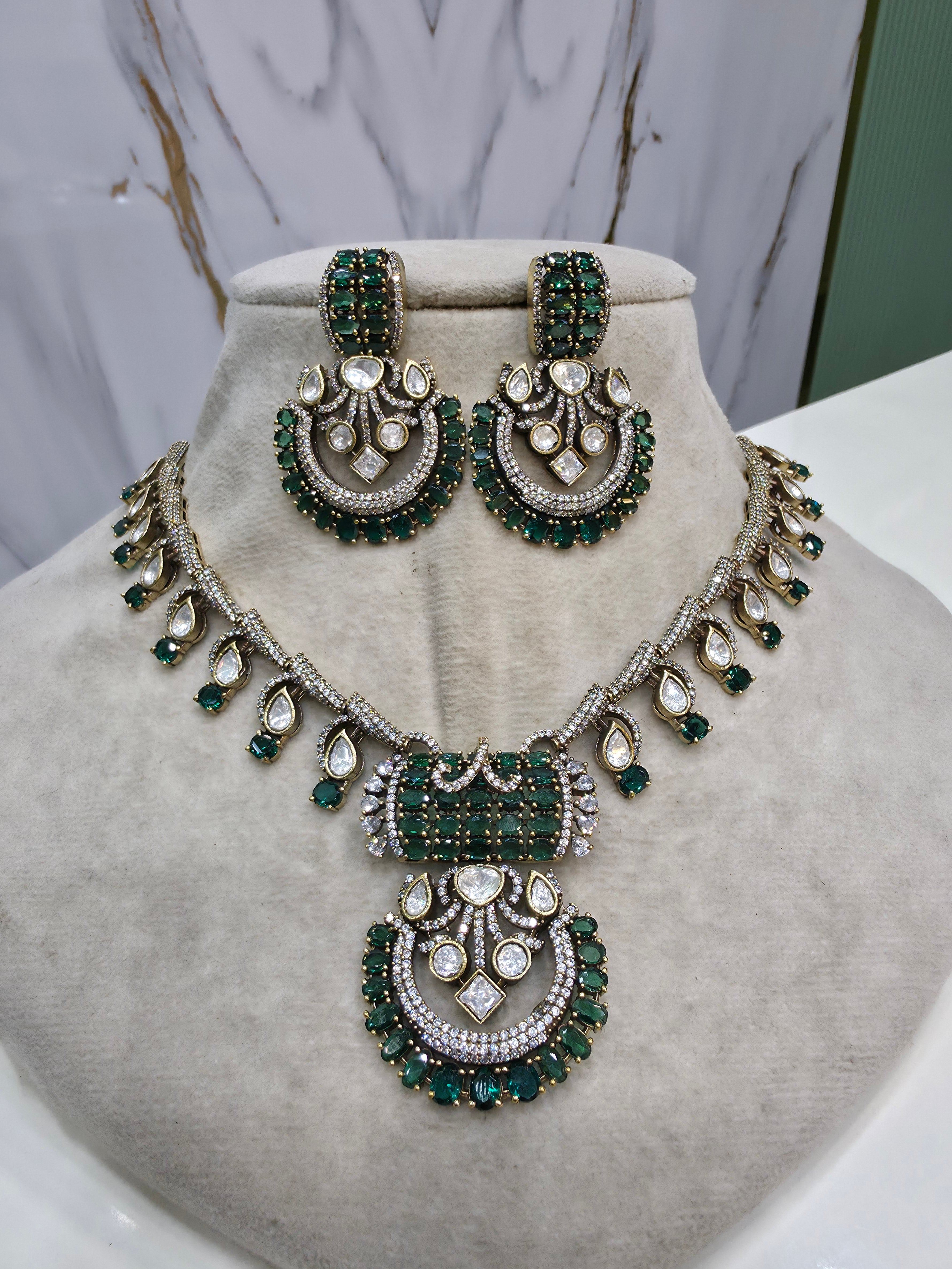 Radhya Polki Necklace Set- Green
