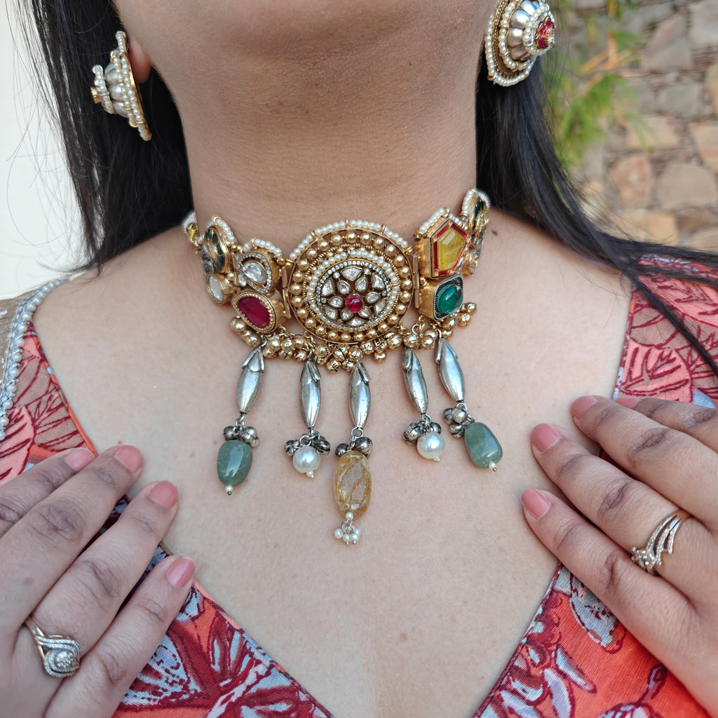 Runjhun Handcrafted Doublet and Moissanite Brass Fusion Choker Set