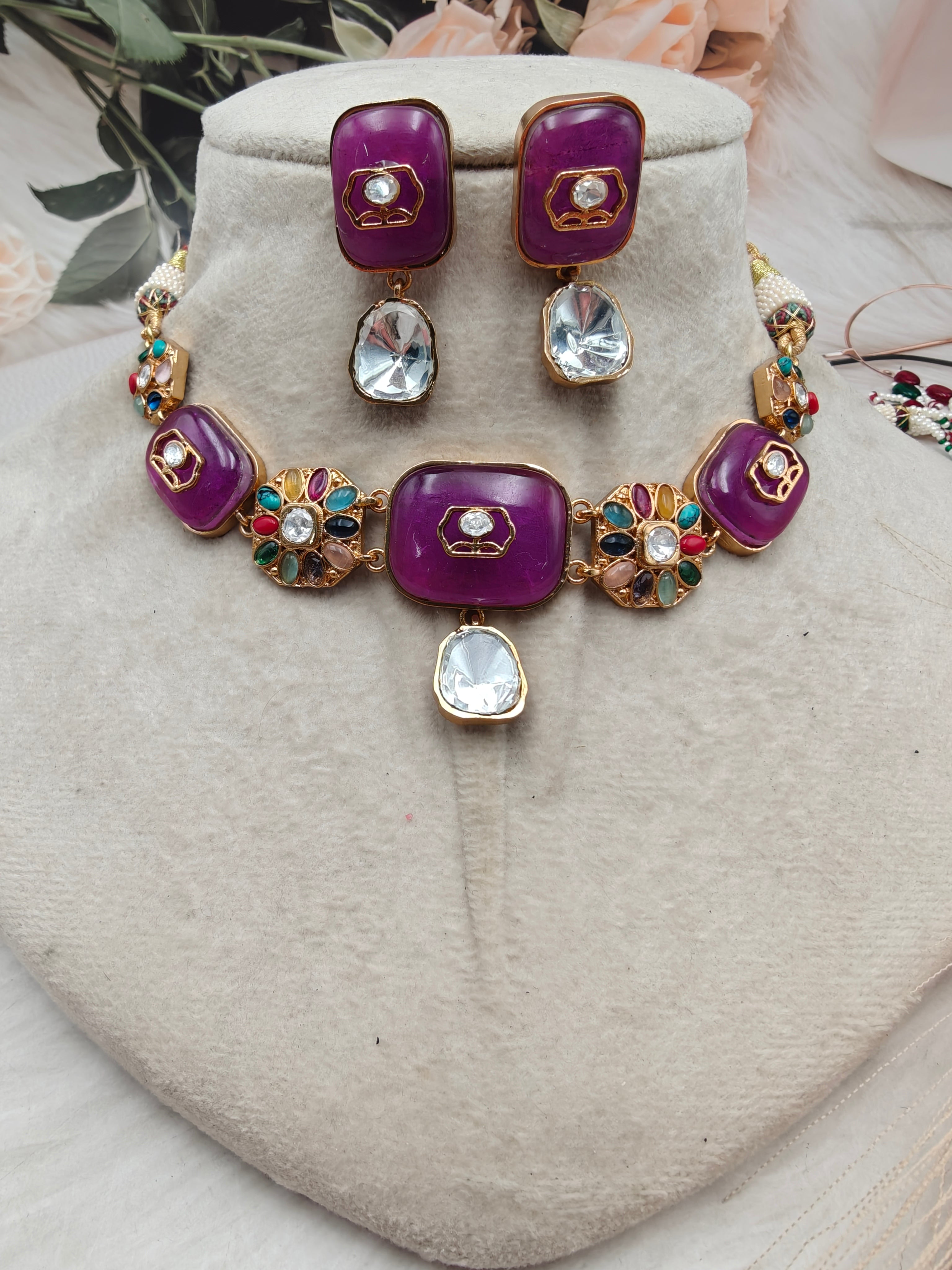 Satya Uncut Polki with Natural Stone Choker Necklace Set - Purple Multi