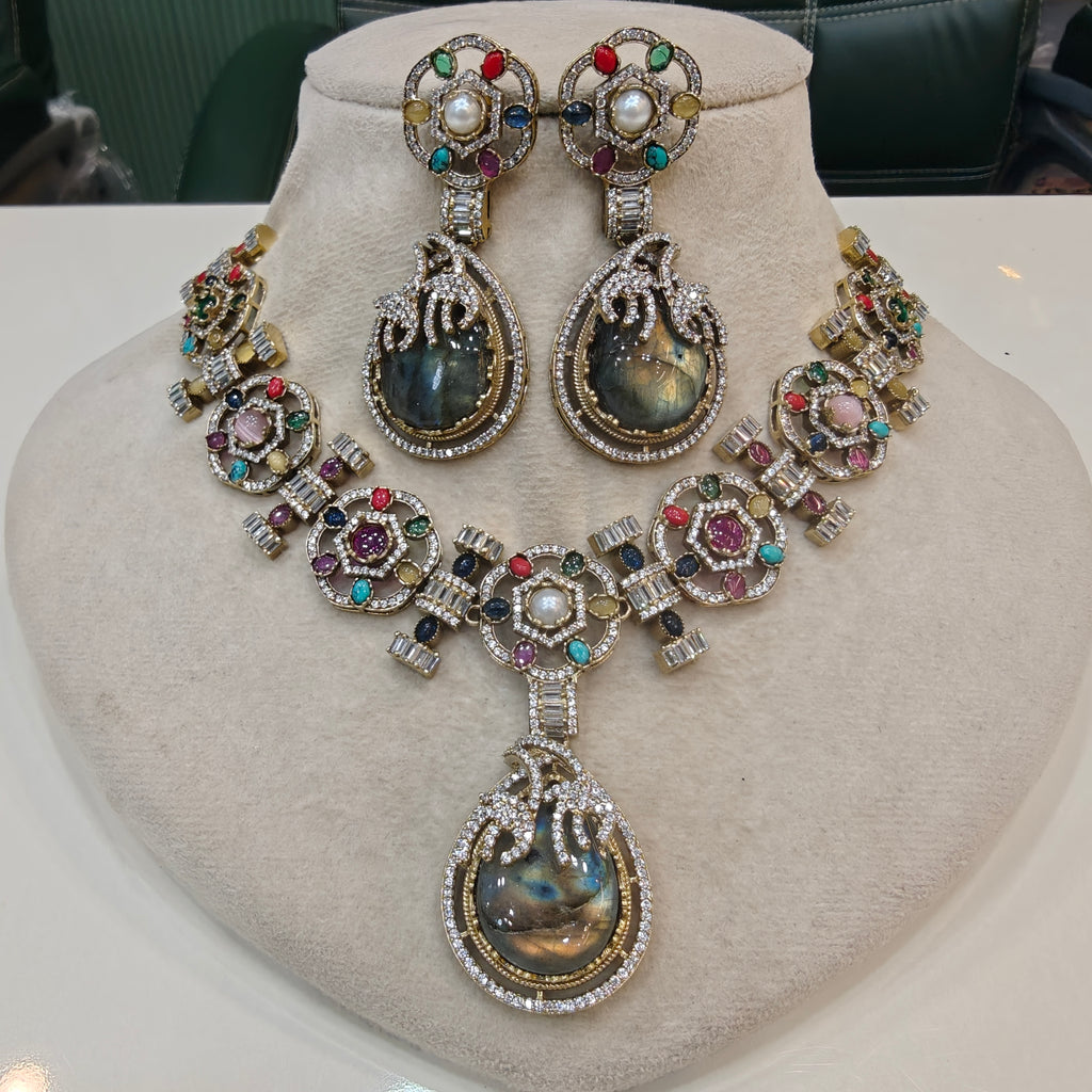 Manvika Sabya Inspired Navratan Necklace Set- Labrodorite