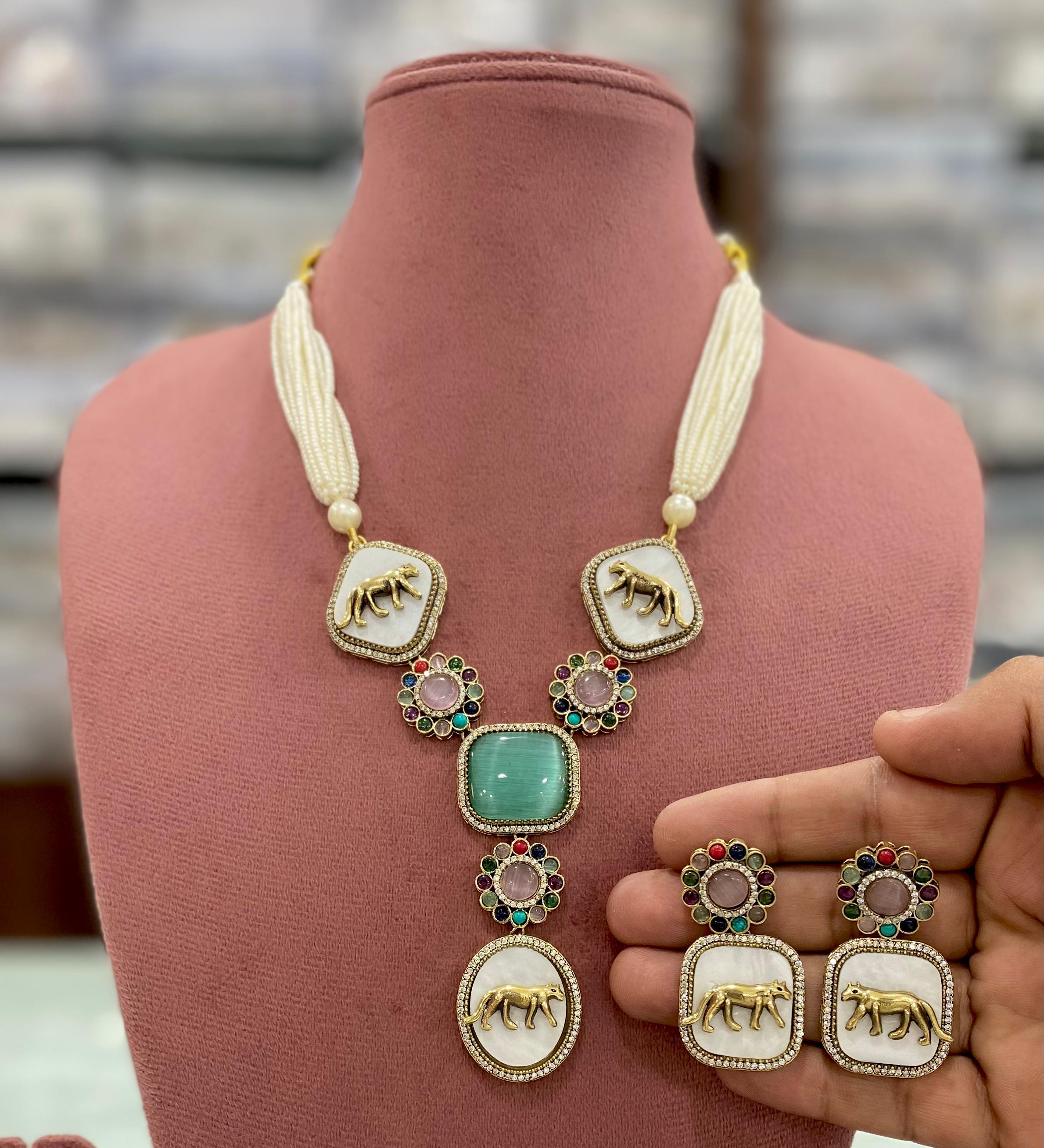 Sabyasachi Inspired Rasha Jaguar Shell Stone Necklace Set - Mint Pink