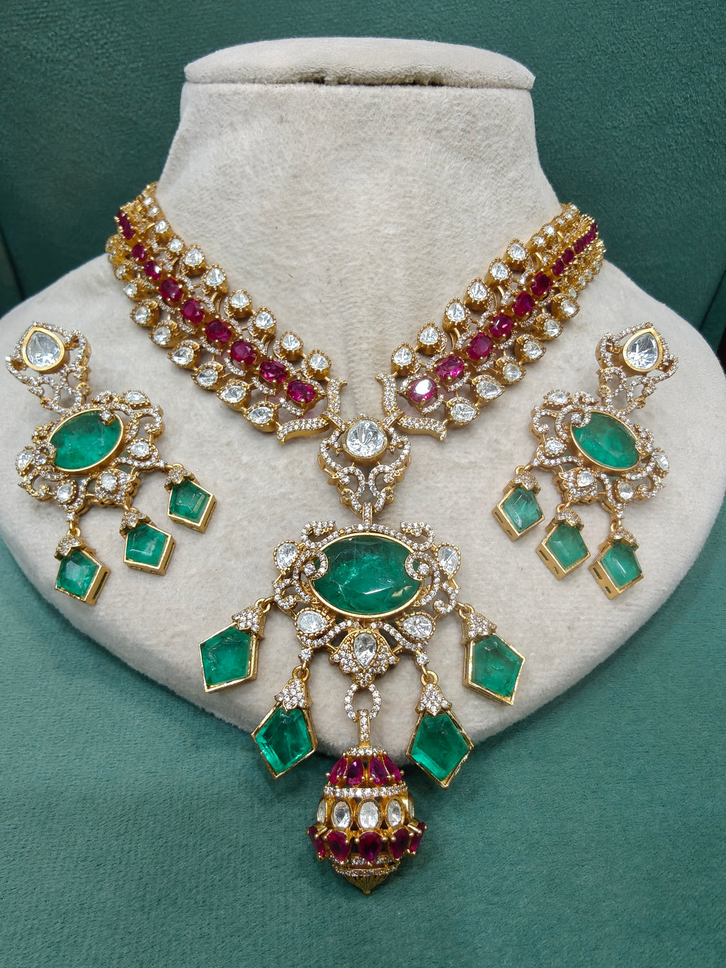 Jasmine Russian Doublet Polki Necklace Set- Ruby Green