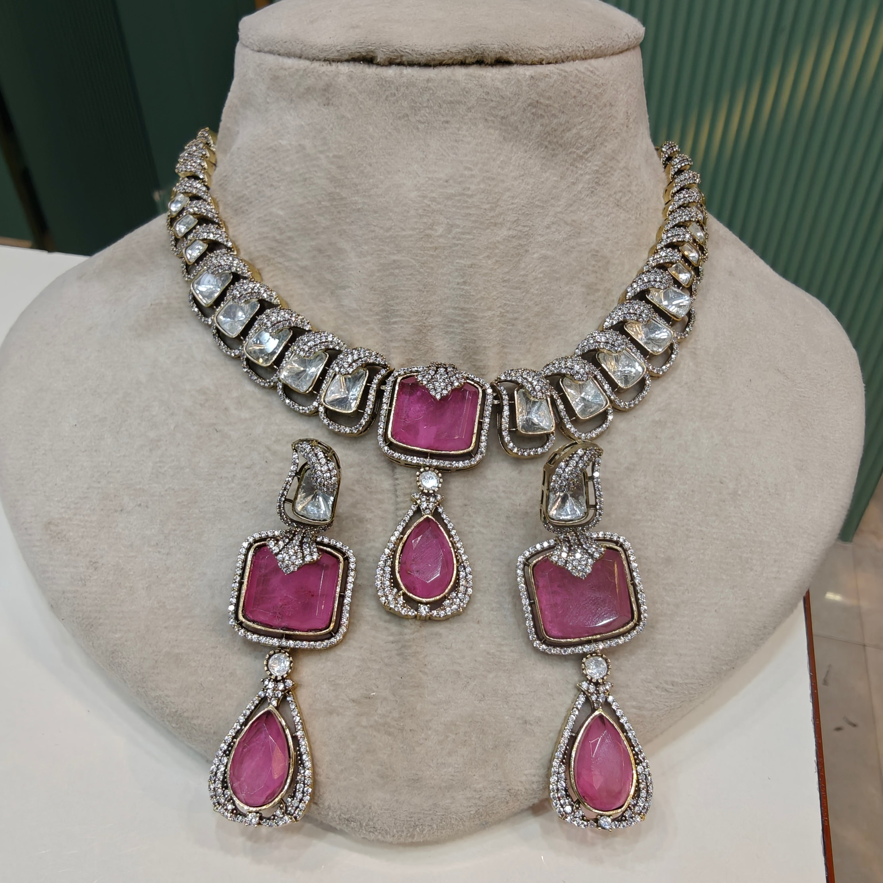 Madhumita Doublet Polki Necklace Set- Pink