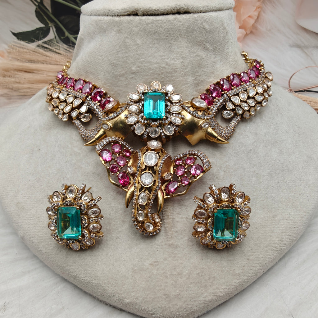 Vighnaharta Luxe Moissanite Necklace Set- Pink and Aqua Green