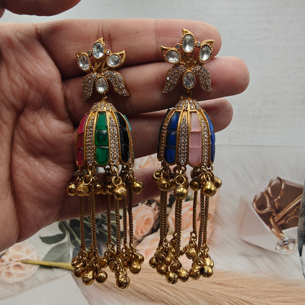 Varsha Takker Stone and Uncut Polki Brass Fusion Kashmiri Jhumki- Multi