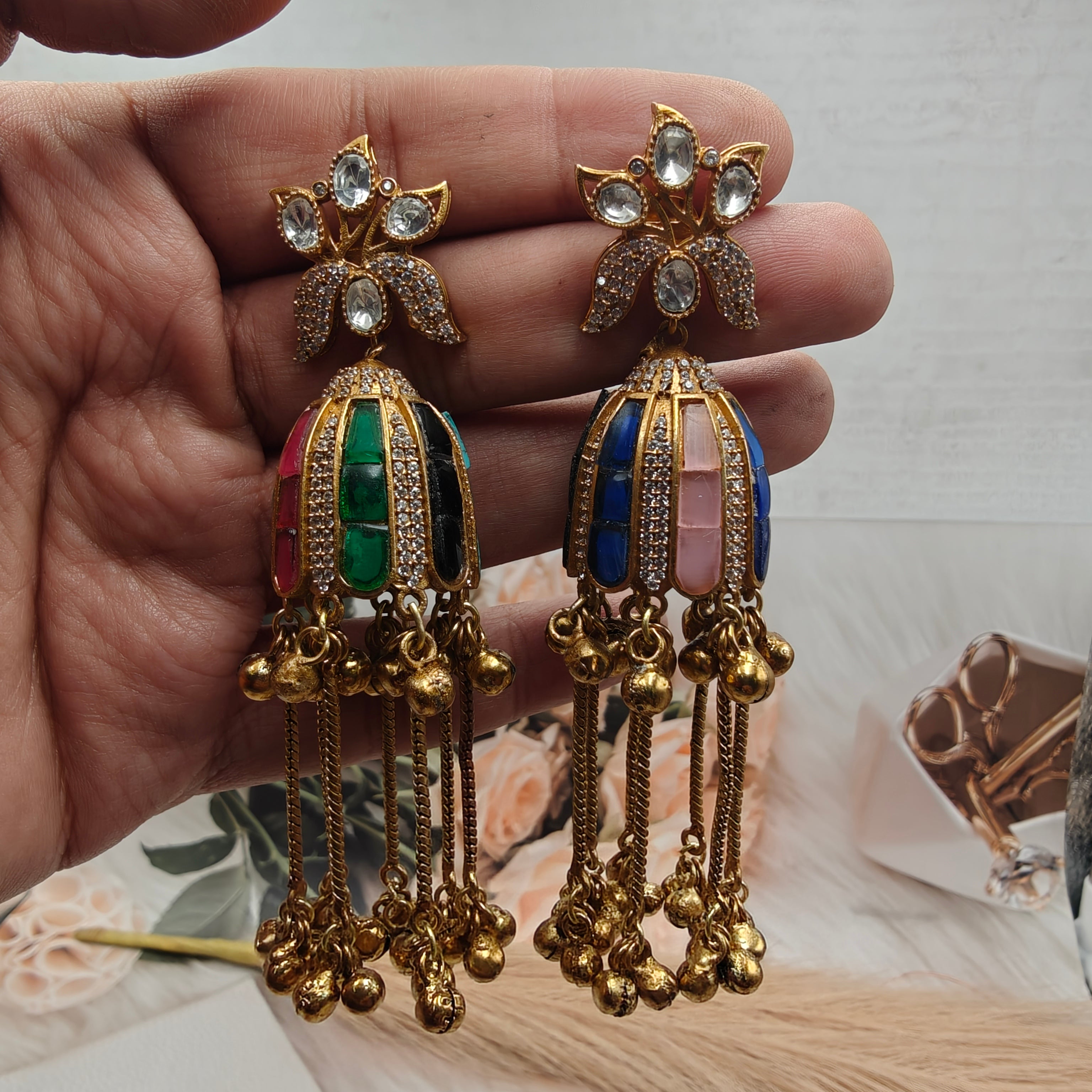 Varsha Takker Stone and Uncut Polki Brass Fusion Kashmiri Jhumki- Multi