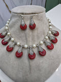 Ritvi Pearl And Stone Silver Oxidised Dual Colour Necklace Set - Red