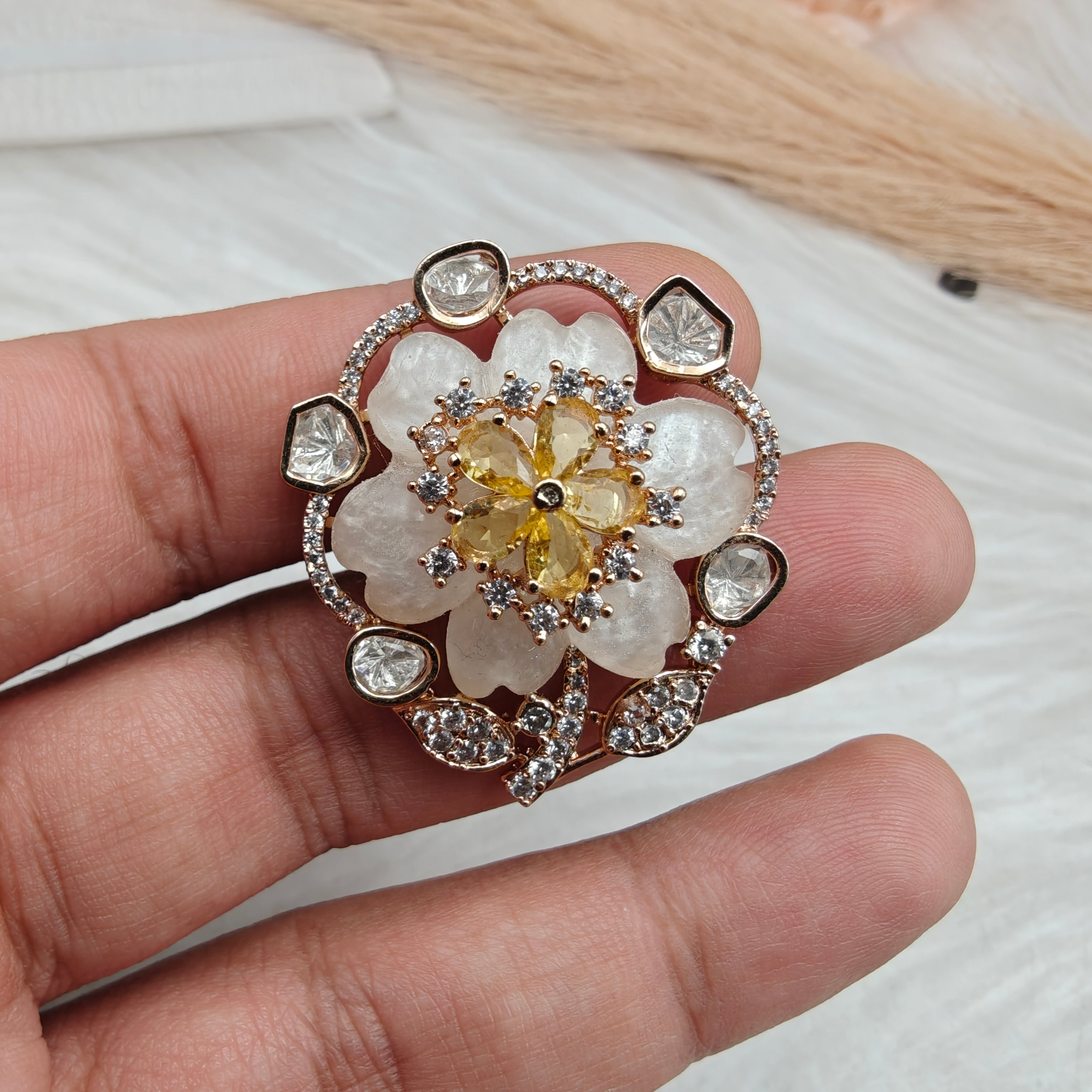 Floral Mother of Pearl Adjustable Ring- Gold Yellow