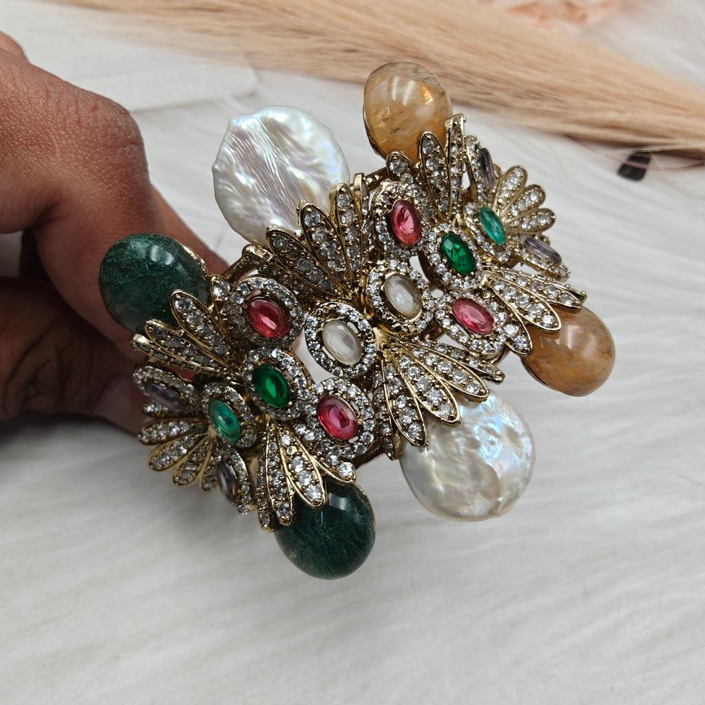 Elizabeth Gemstone and Baroque Luxe Statement Bracelet- Green and Gold