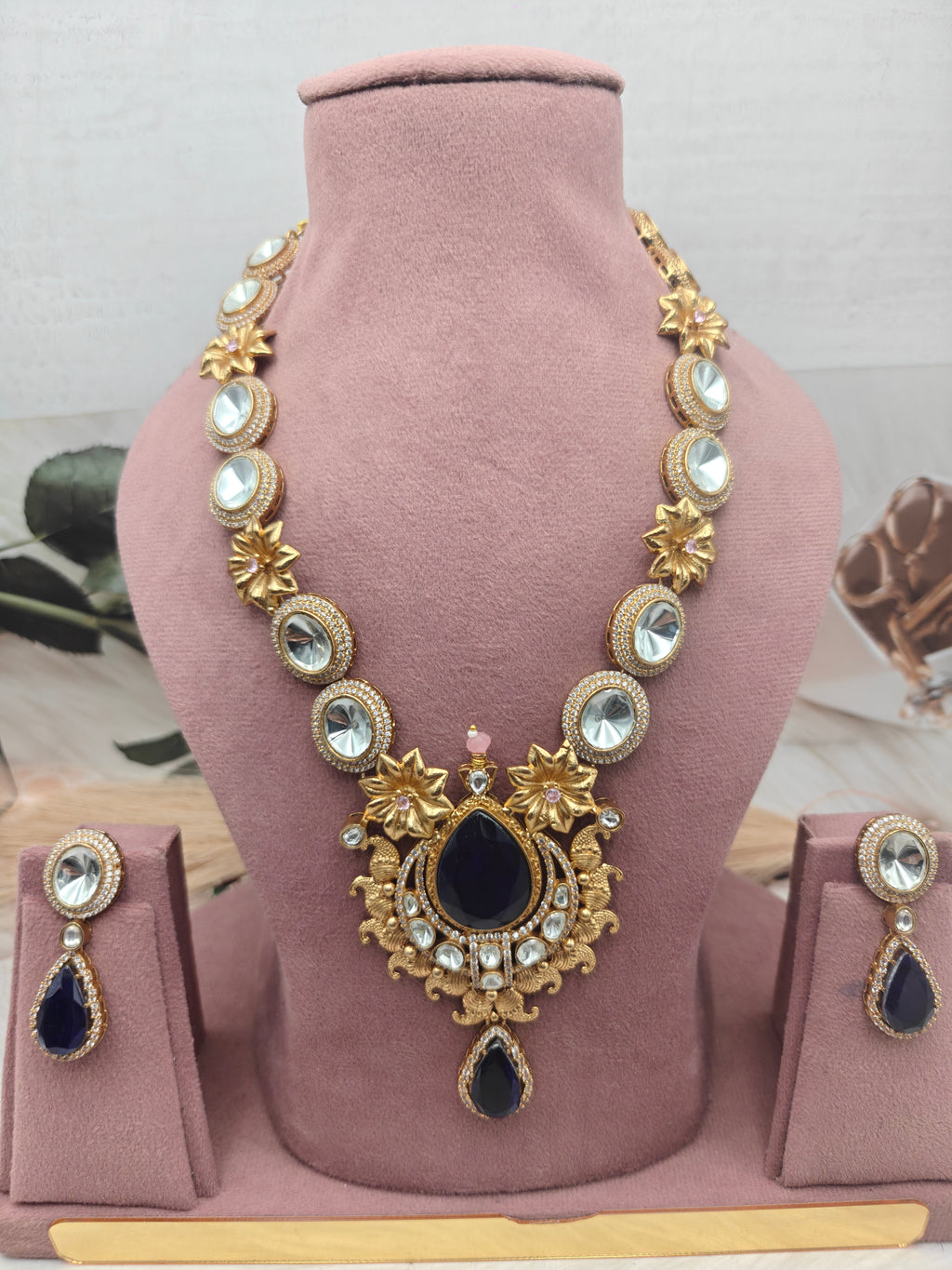 Kashish Uncut Moissanite Polki Doublet Necklace Set - Blue