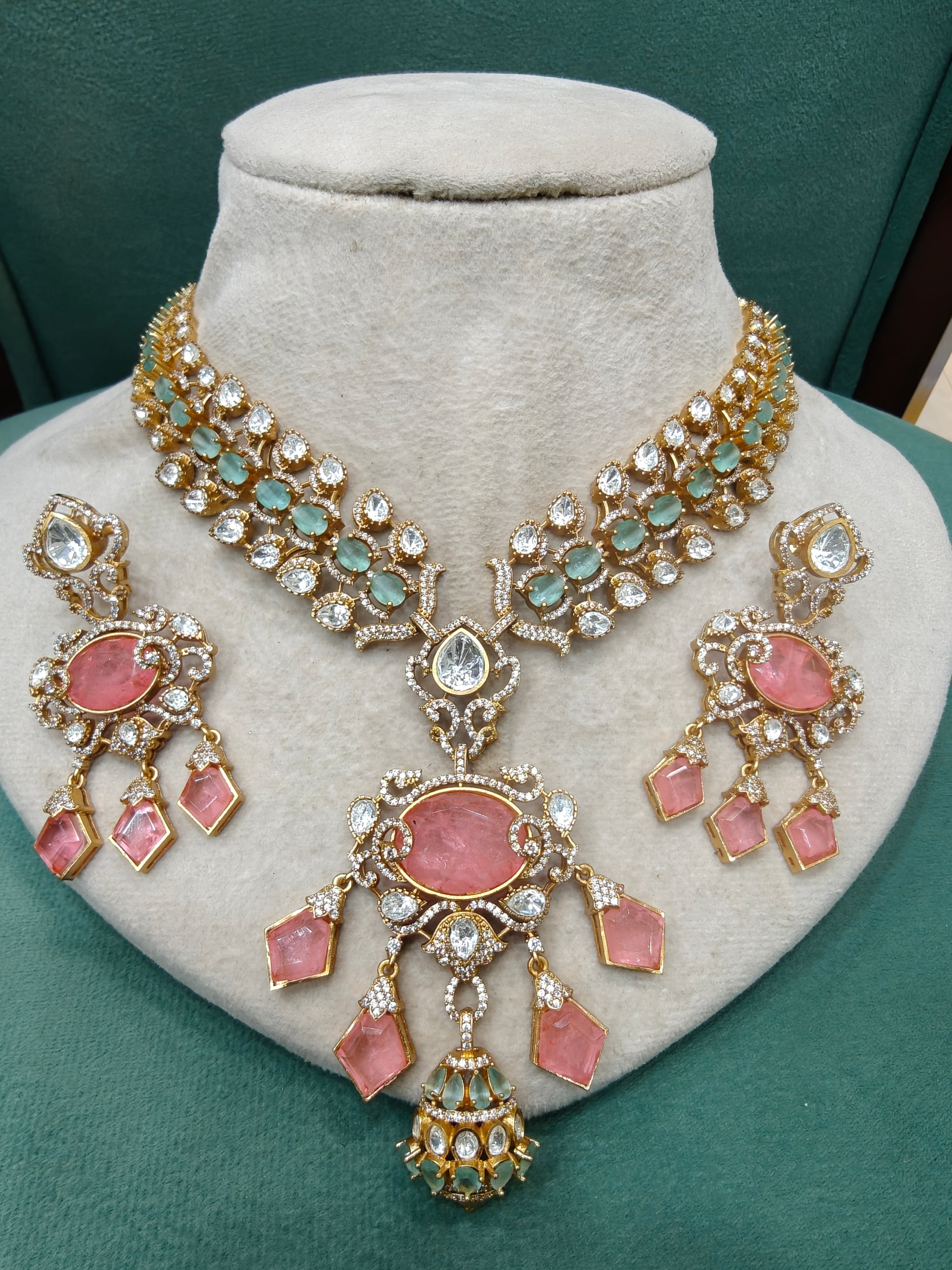 Jasmine Russian Doublet Polki Necklace Set- Peach Mint