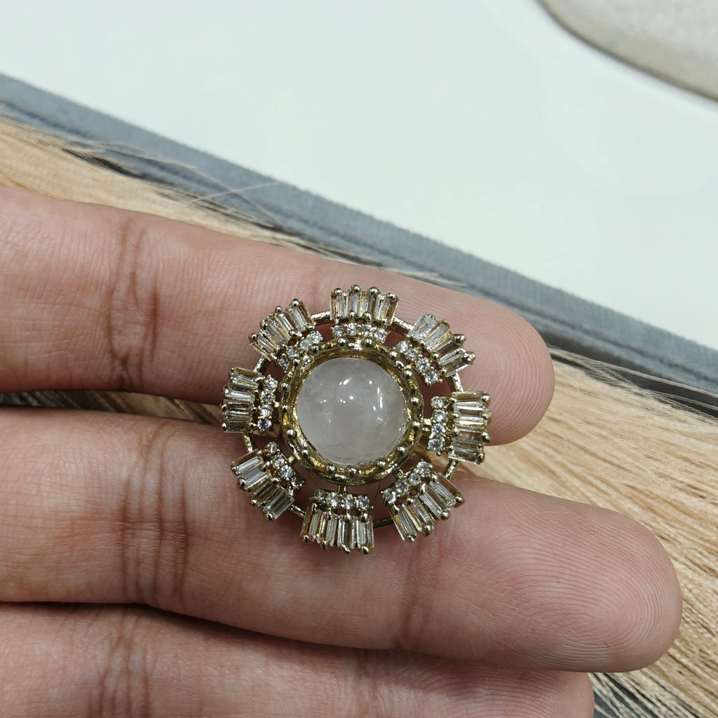 Sakshi Natural Stone Baguette Adjustable Ring- Soft Pink/ Rose Quartz