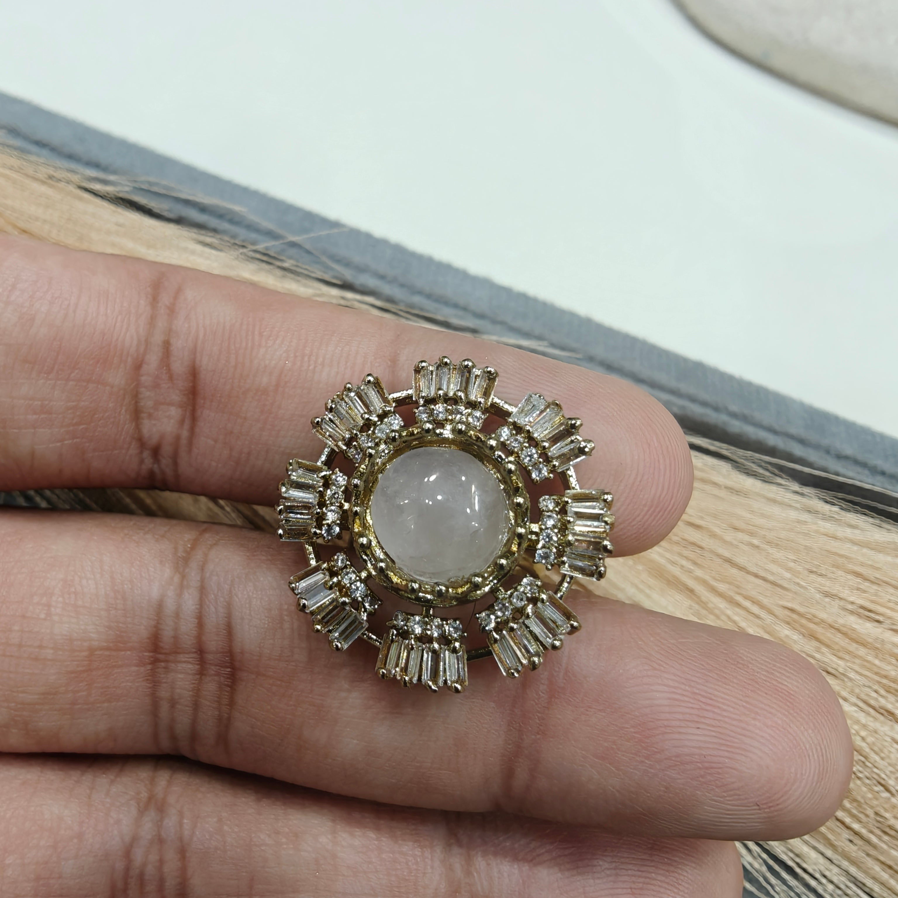 Sakshi Natural Stone Baguette Adjustable Ring- Soft Pink/ Rose Quartz