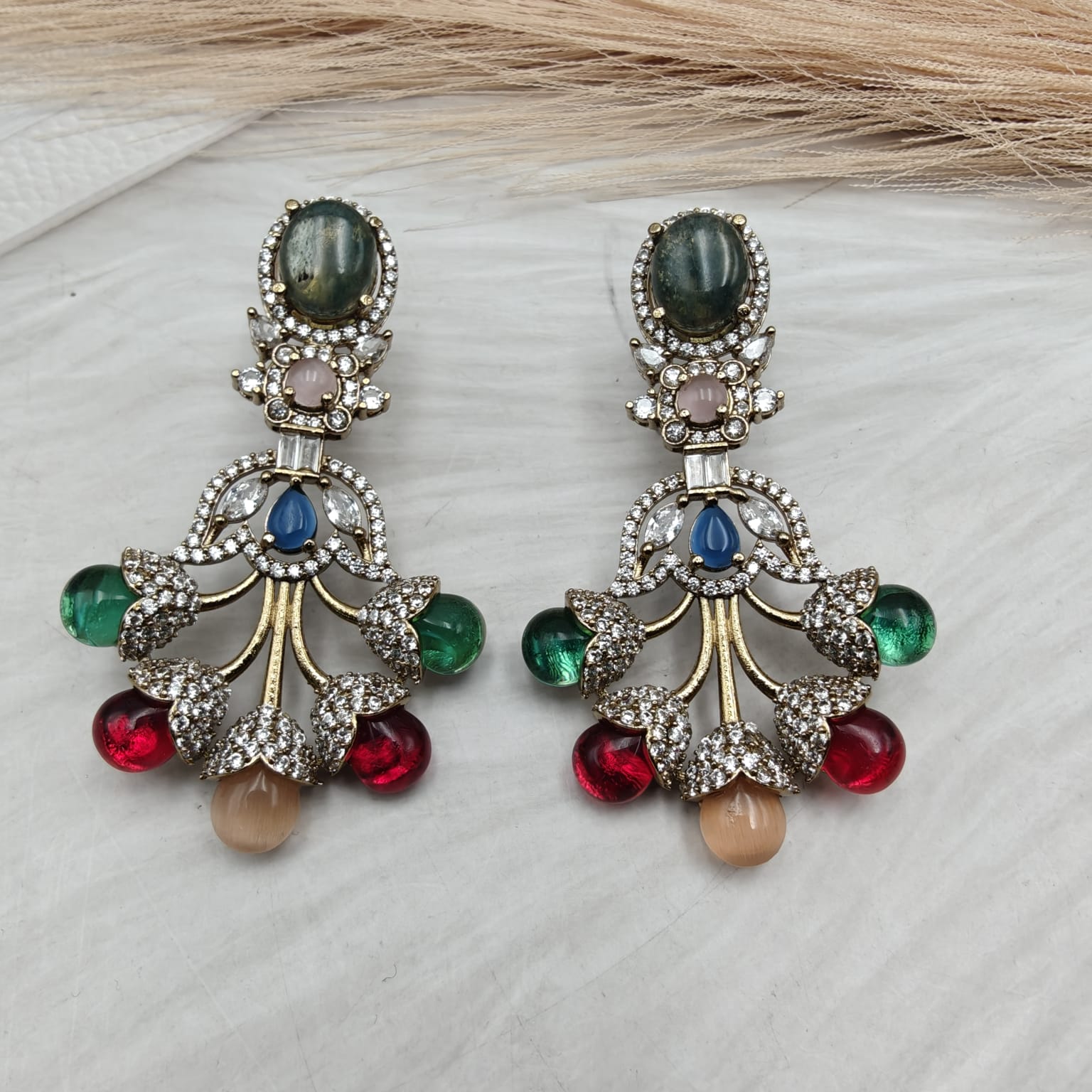 Ambika Statement Gemstone Earrings-Moss Green Multi