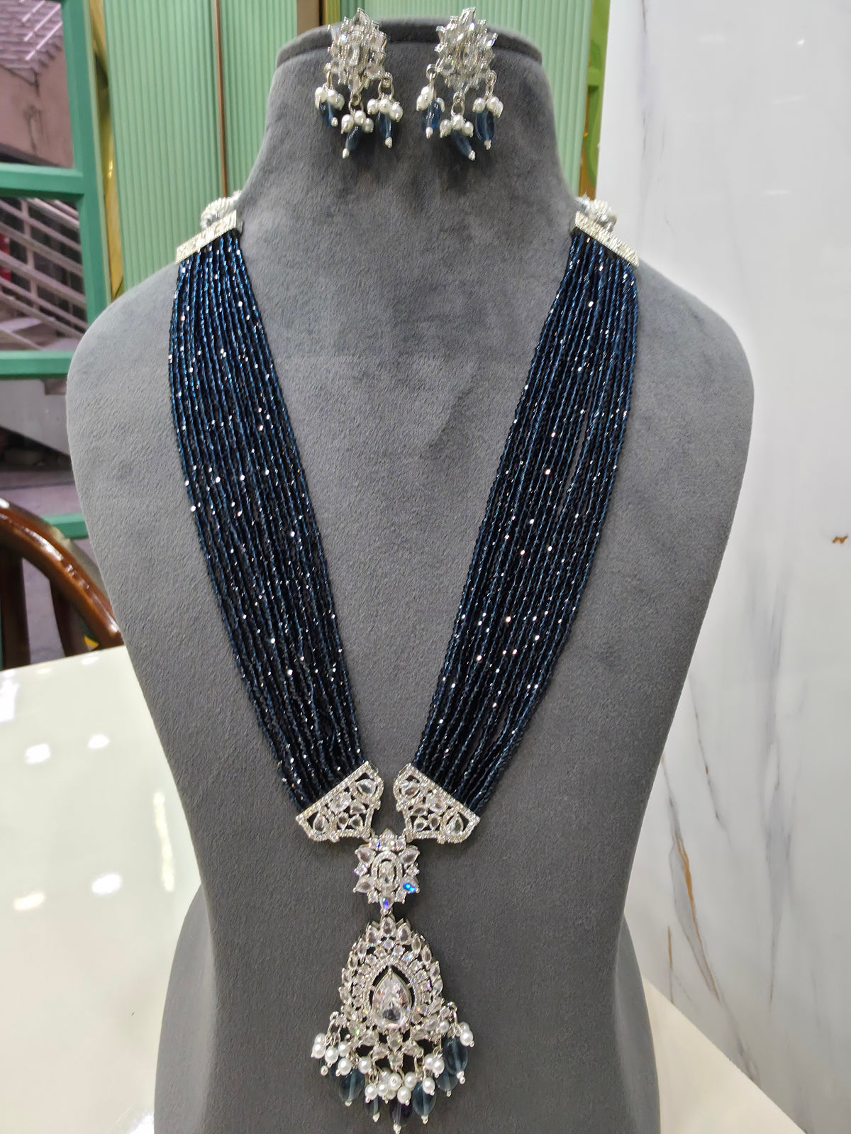 Sonika Hydro Silver Finish long Necklace - Royal Blue