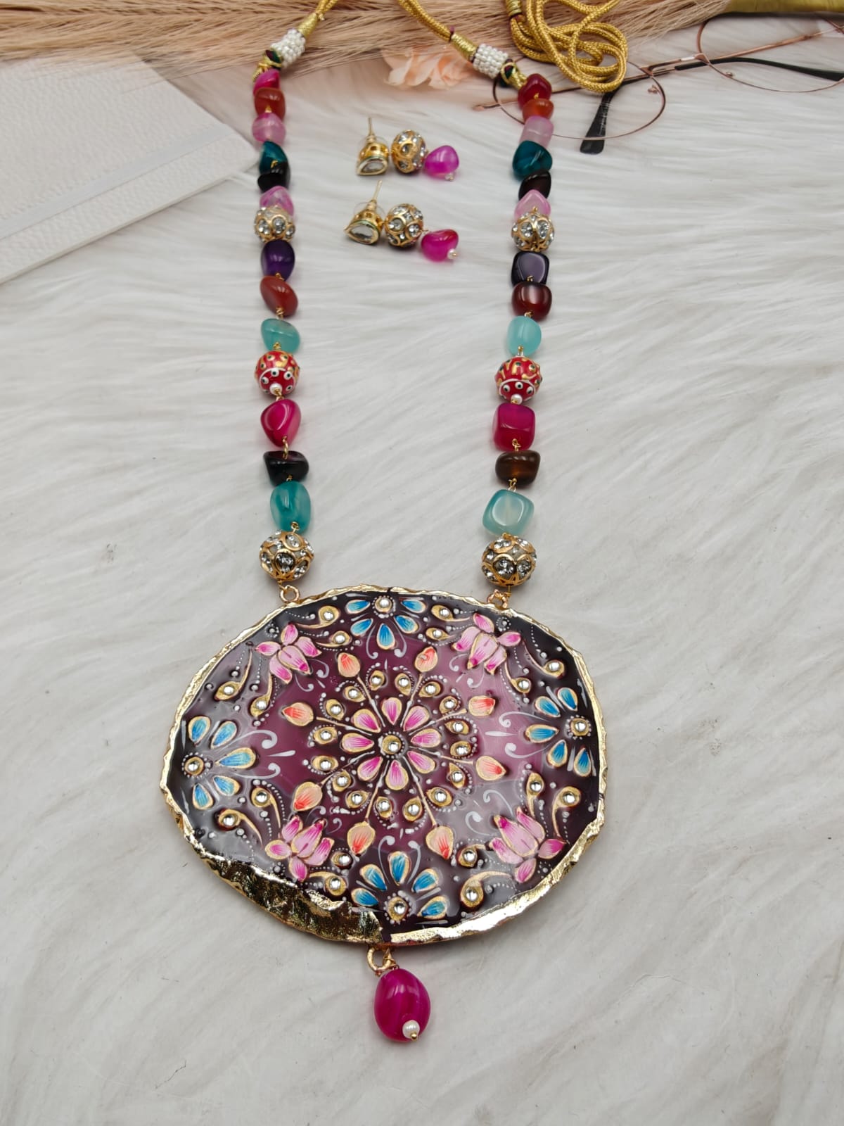 Tanjore Natural Stone Long Necklace - Multi