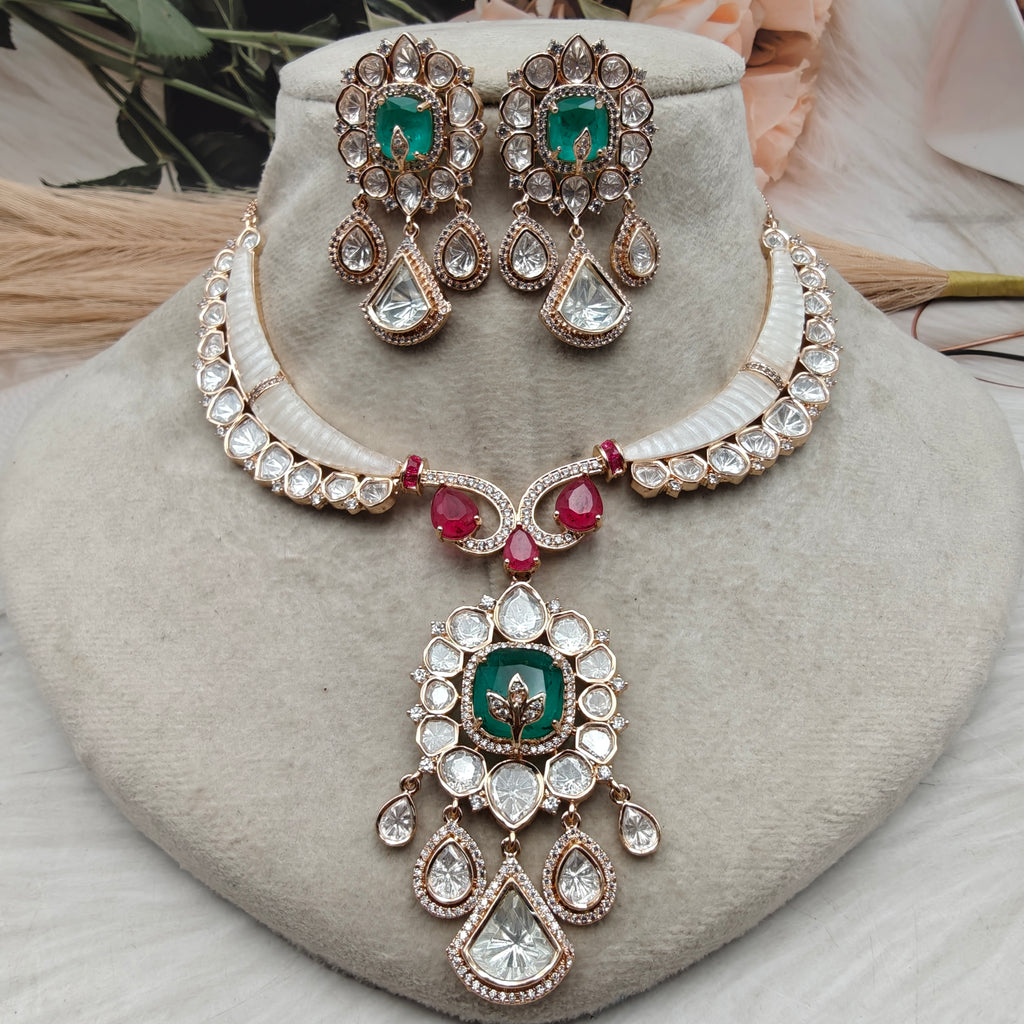 Aradhana Natural Mother of Pearl and Doublet Statement Necklace Set- Green and Red