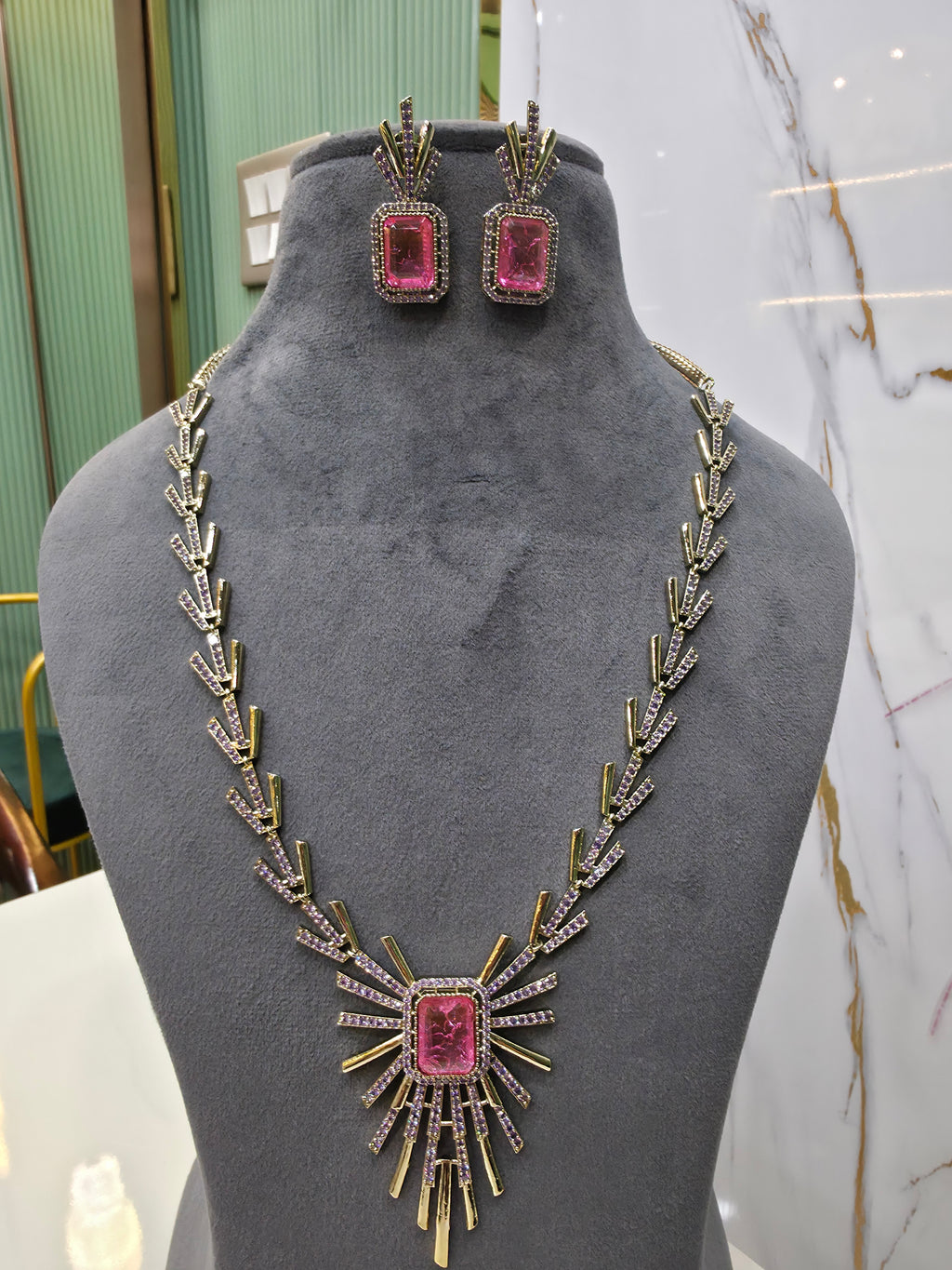 Sabya Inspired Namdini Palm Tree Victorian AD Long Necklace Set-  Pink Purple