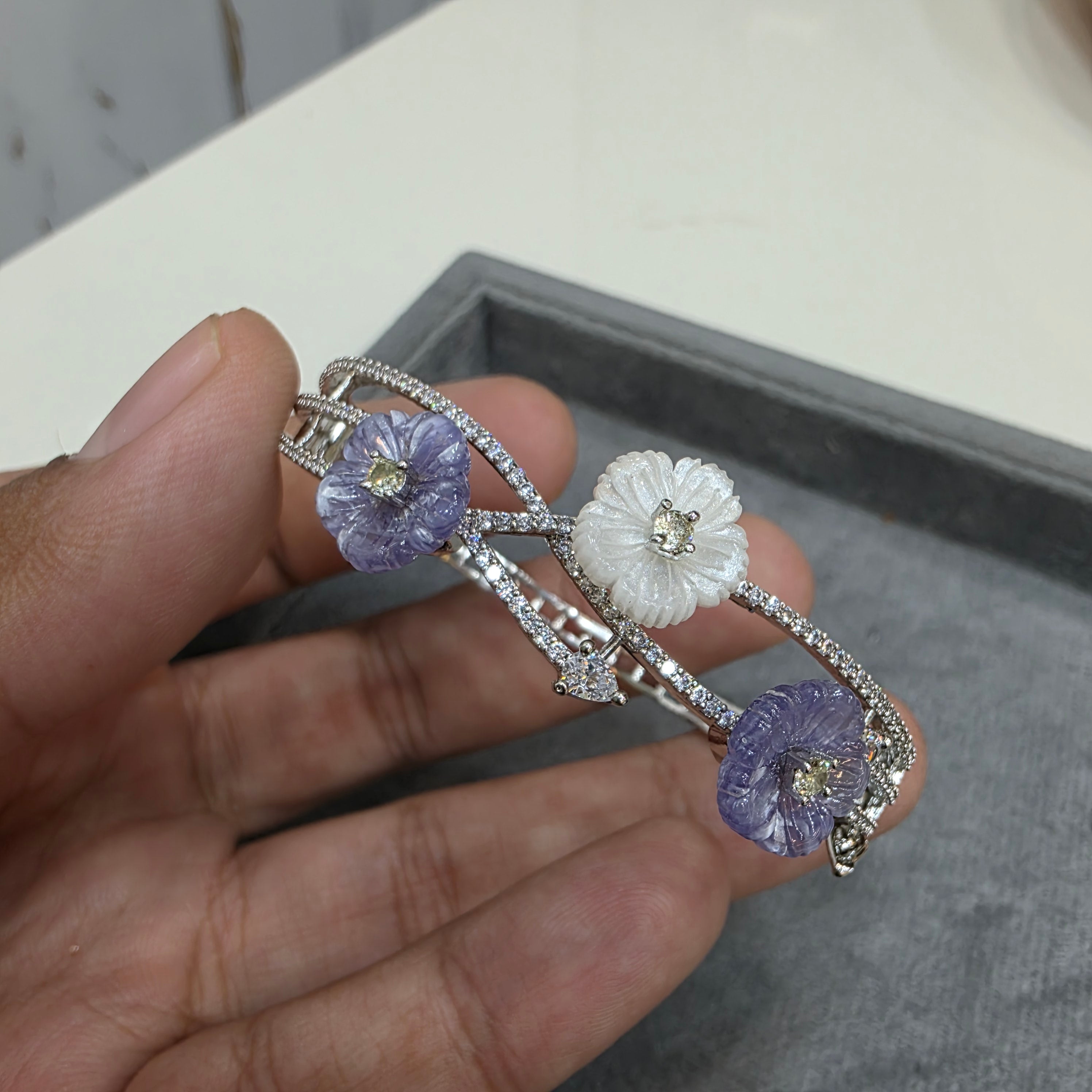 Shreya Carved Stone Openable Bracelet ( Silver Plating) - Purple White