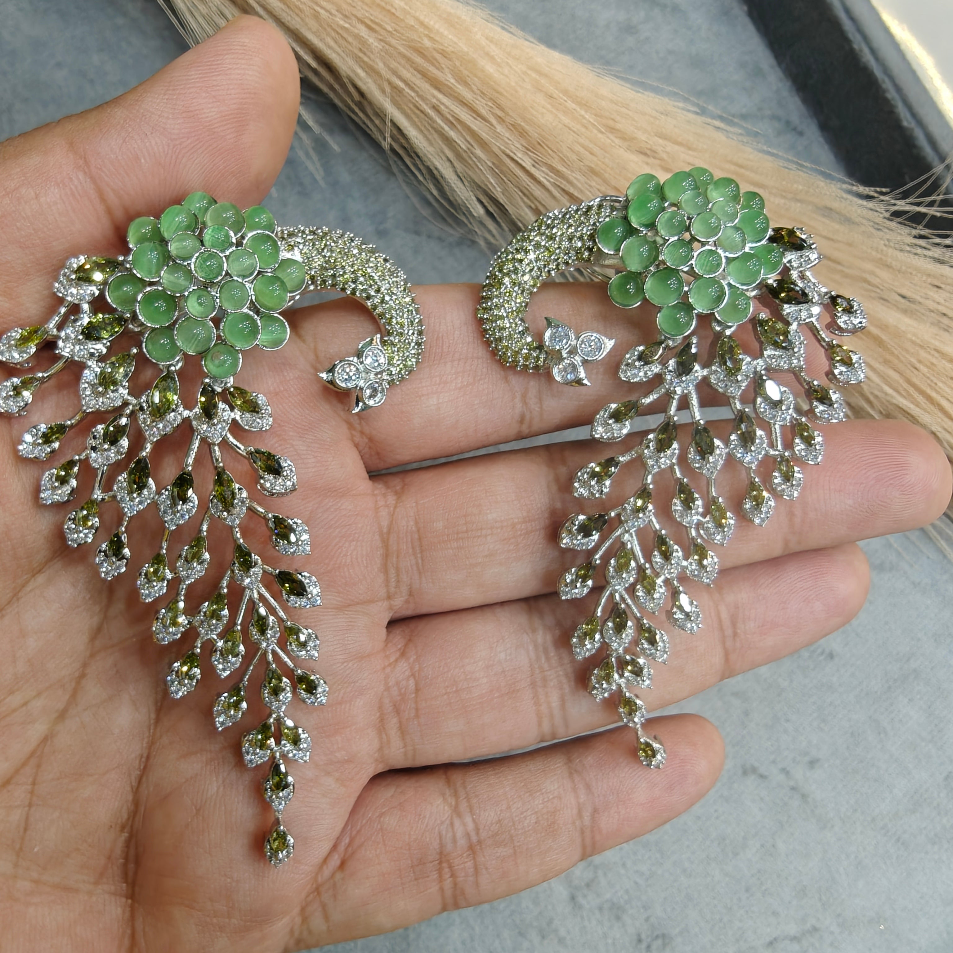 Vantara Peacock Statement Silver Plated Earrings- Pista Green and Champagne Green