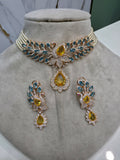 Mayura Hazoori Inspired Doublet and Pearl Choker Necklace Set- Teal Yellow