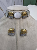 Elephant Monalisa Silver Oxidised Choker Set- White