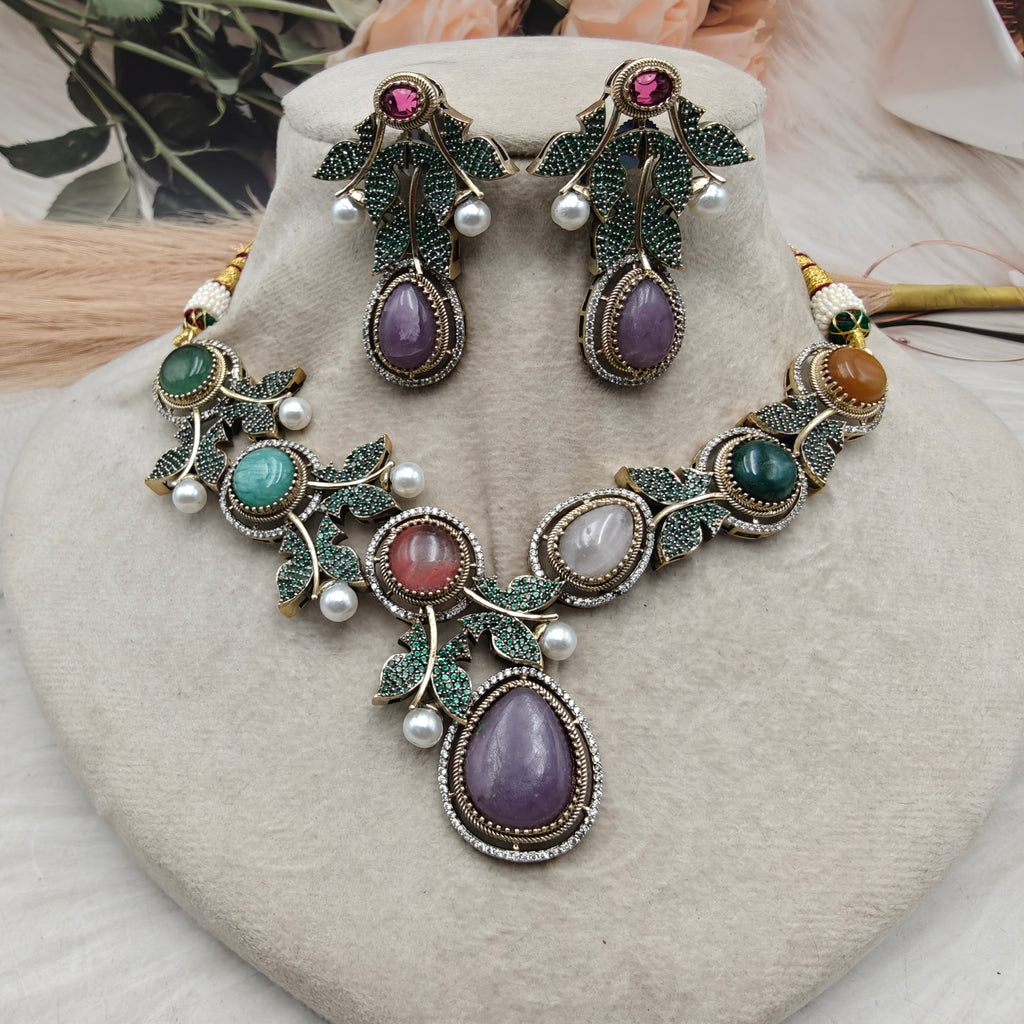 Vriksha Ratna Designer Gemstone Necklace Set- Purple Multi