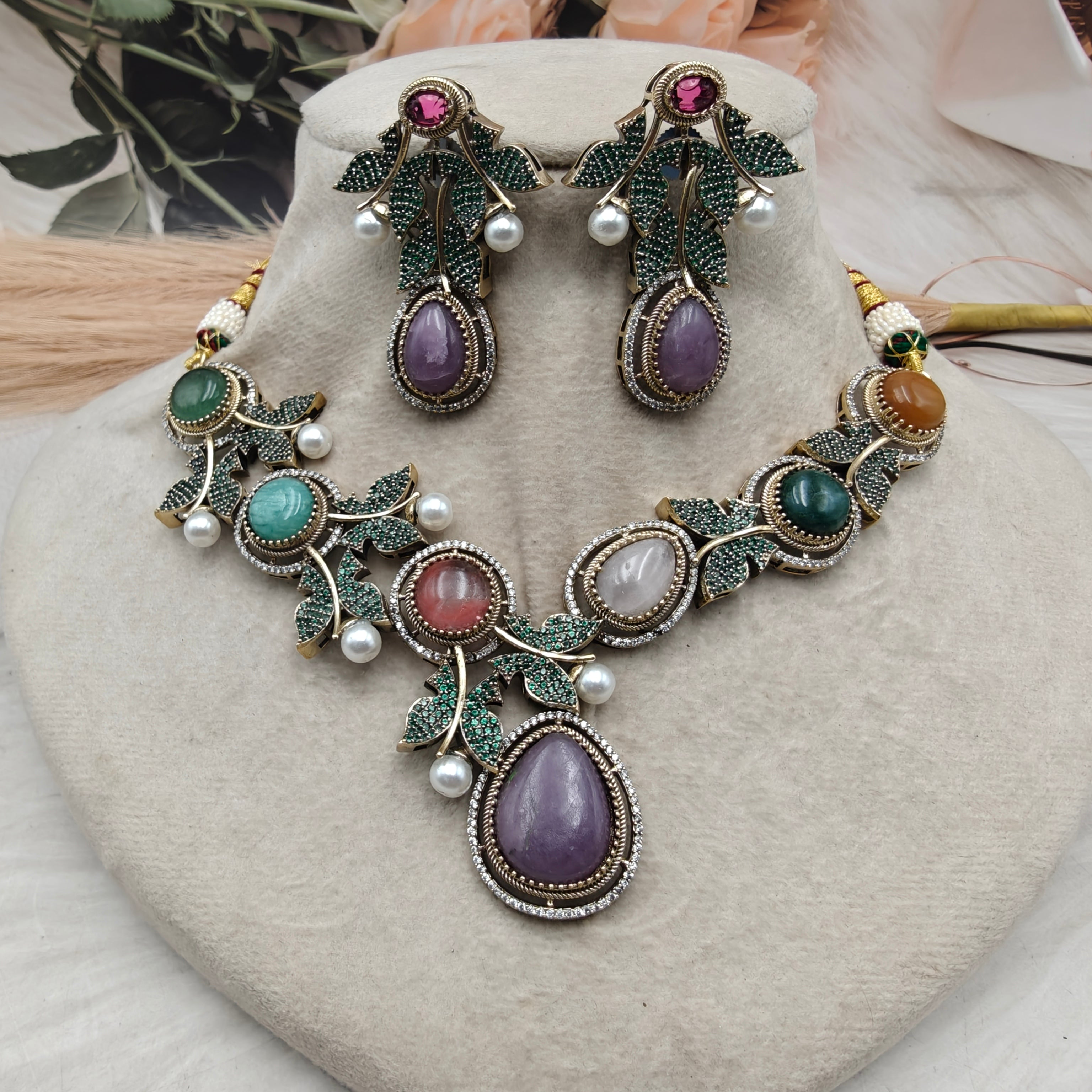 Vriksha Ratna Designer Gemstone Necklace Set- Purple Multi
