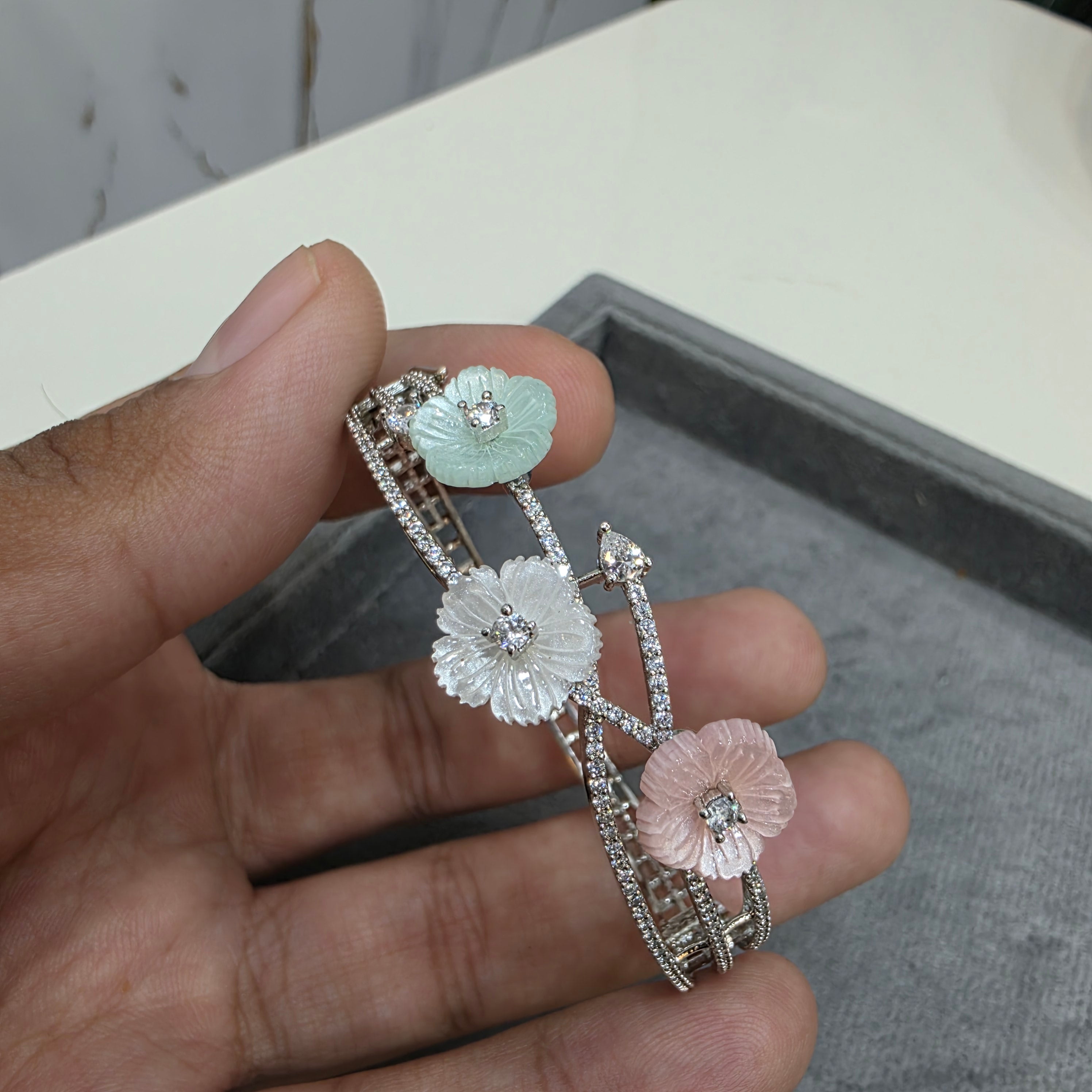 Shreya Carved Stone Openable Bracelet (Silver Plating)- Pastel Multi