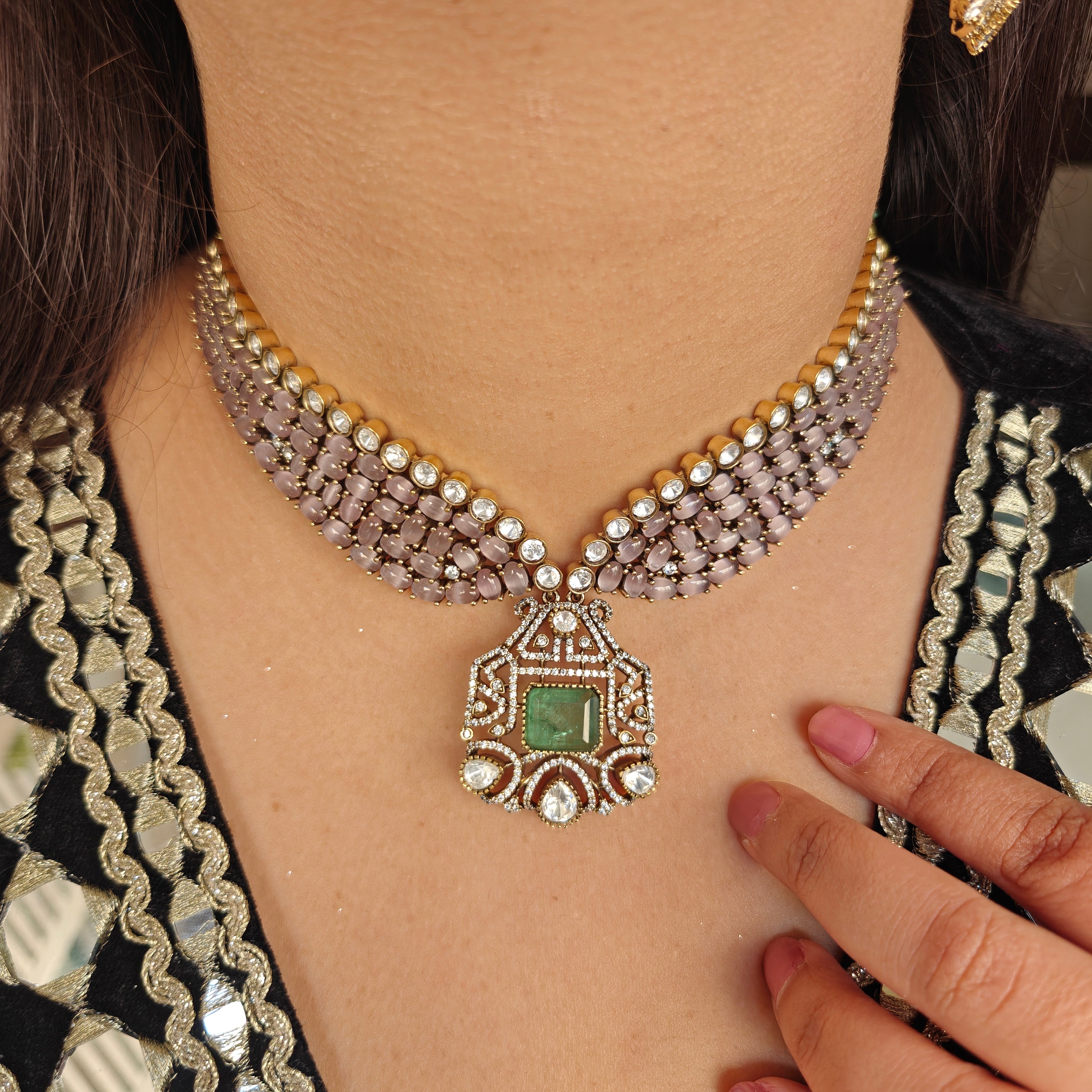 Rati Doublet and Moissanite Polki Choker Set- Pink n Mint