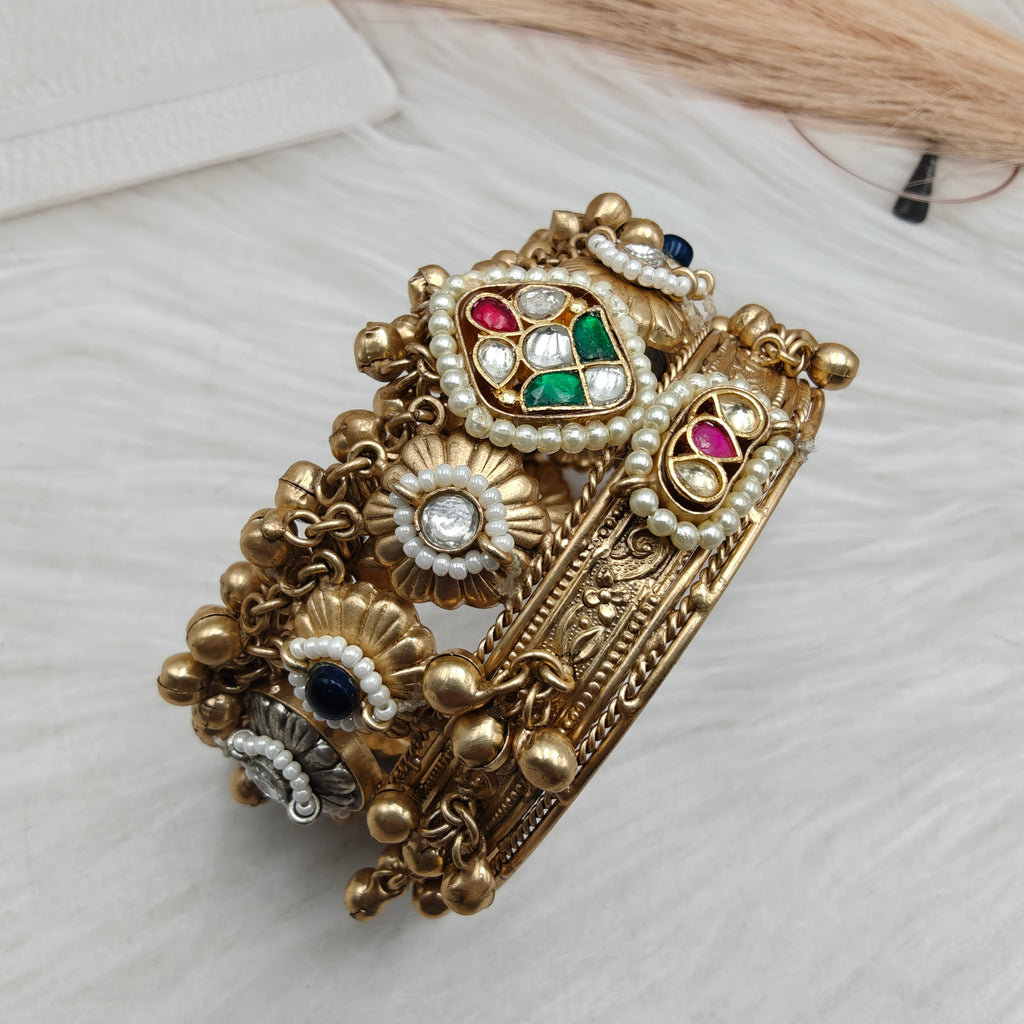 Veda Brass Pachi Kundan Fusion Handcuff- Blue Multi