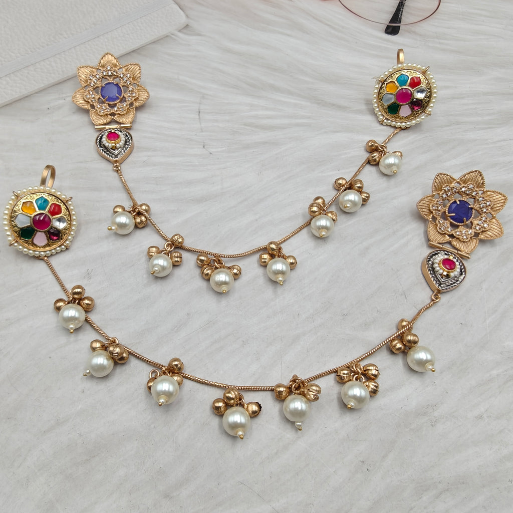 Zina Handcrafted Brass Fusion Stud Earrings with Earchain- Puple Multi