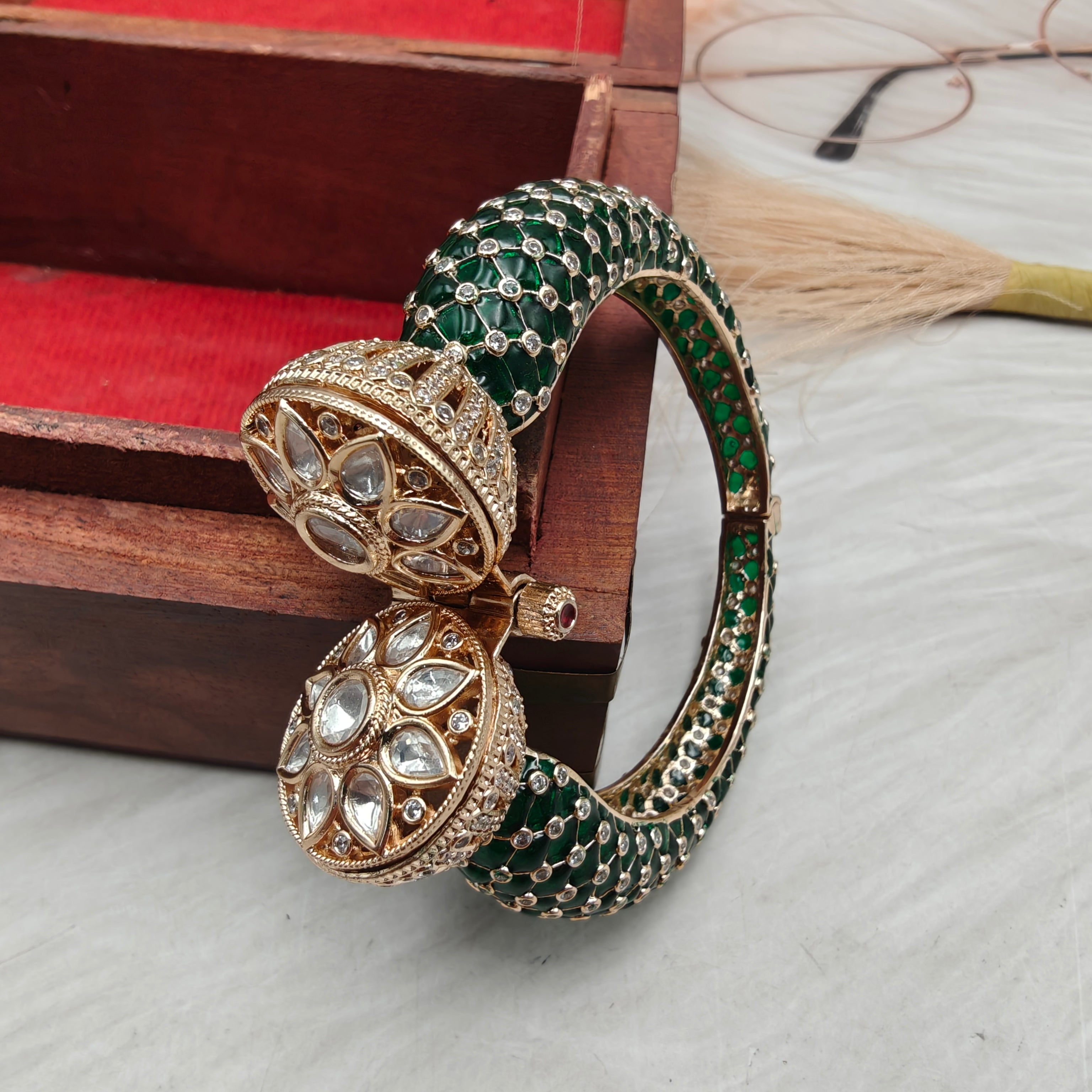 Rubani Sunheri Moissanite Kundan Openable Bracelet - Green