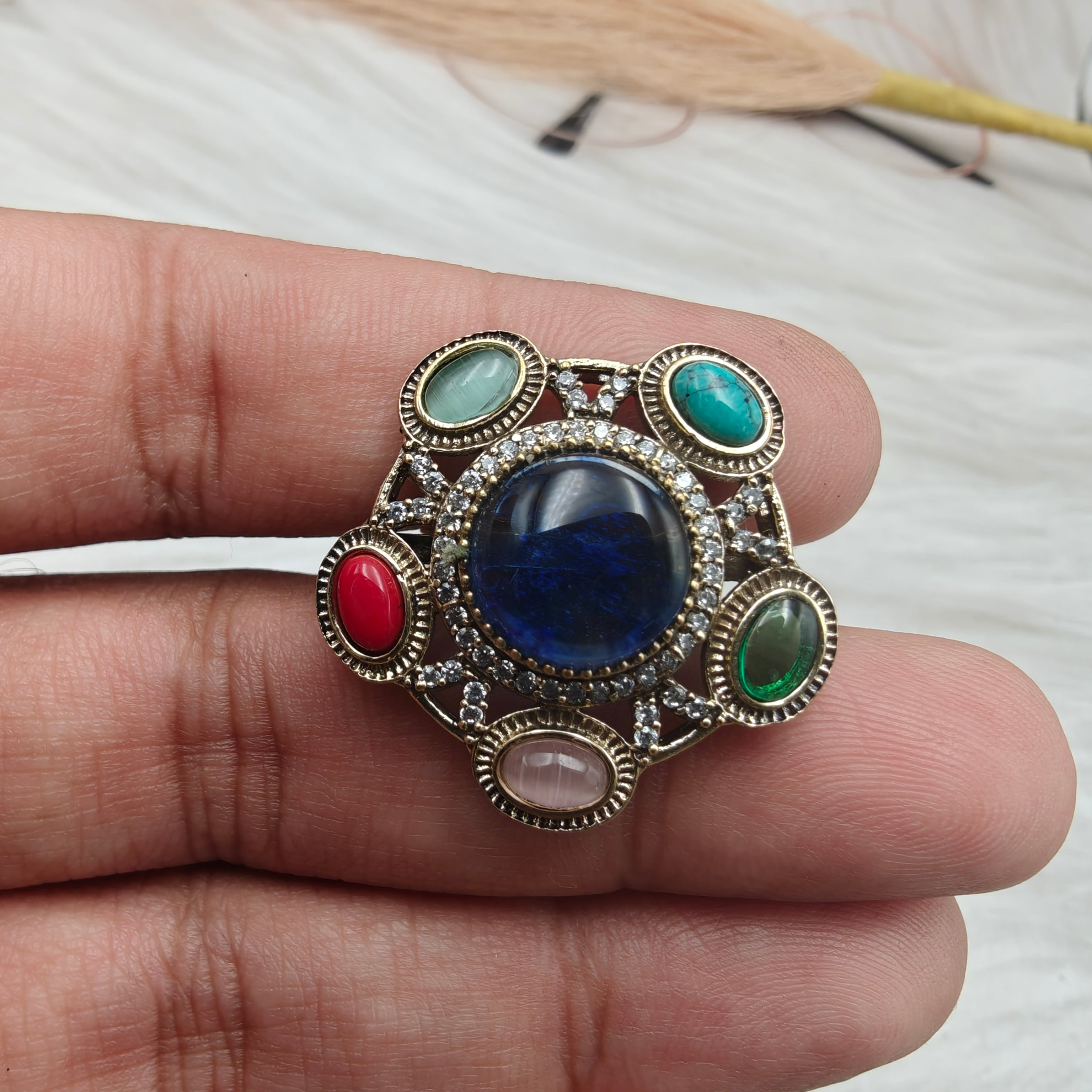 Nazni Inspired Multi Stone Adjustable Ring- Blue Multi