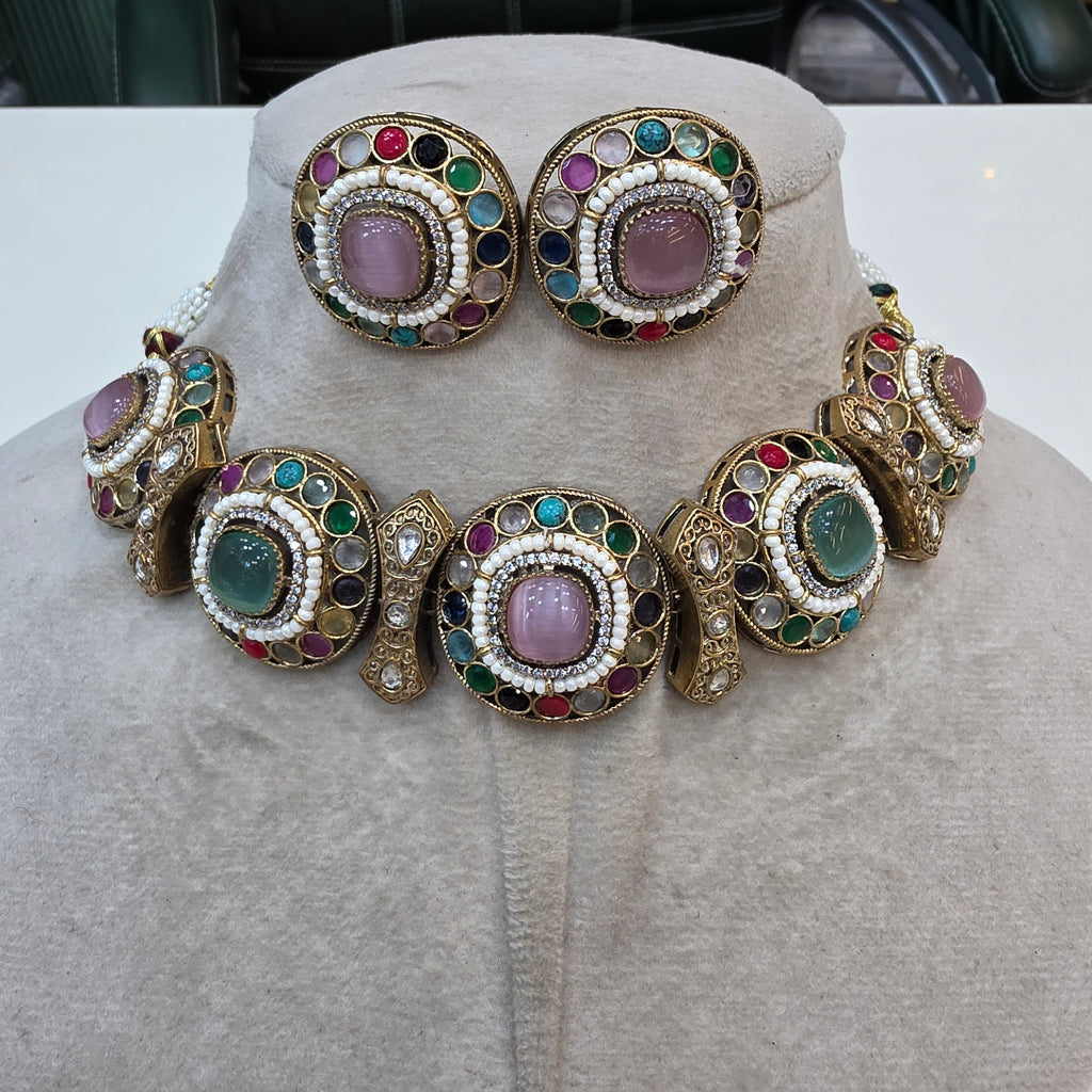 Anaysha Navratan choker Necklace Set- Pink Mint