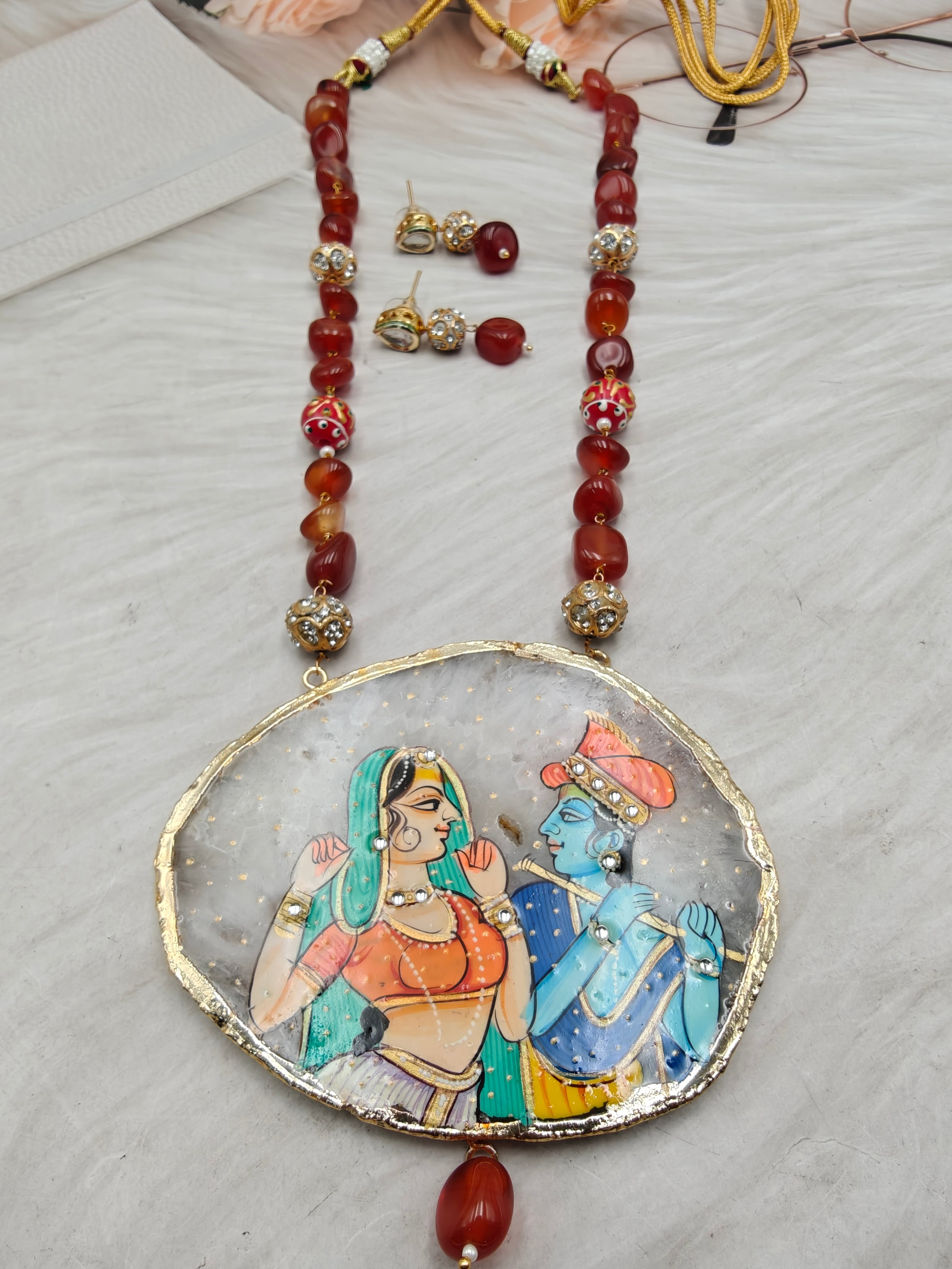 Radha Krishna Tanjore Natural Stone Necklace Set - Rust Brown