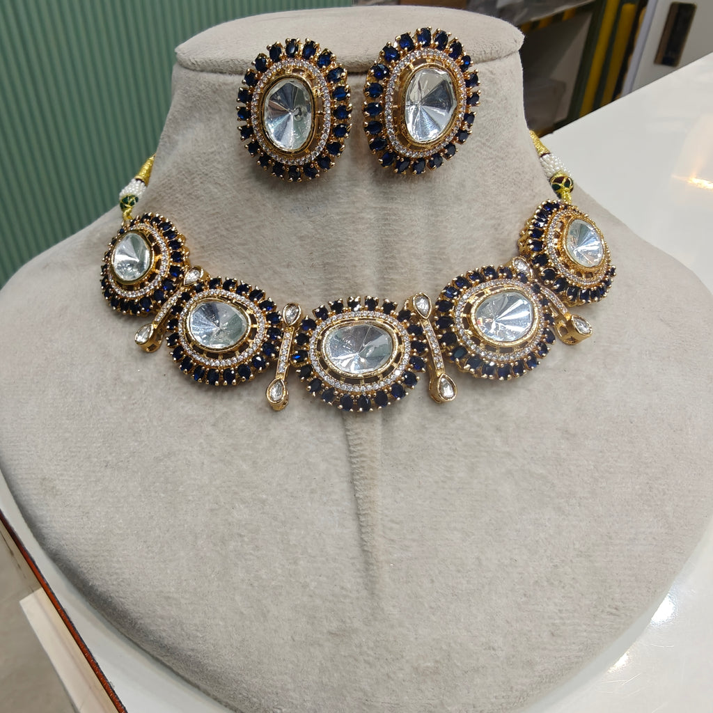 Anuja Uncut Polki Necklace Set- Blue