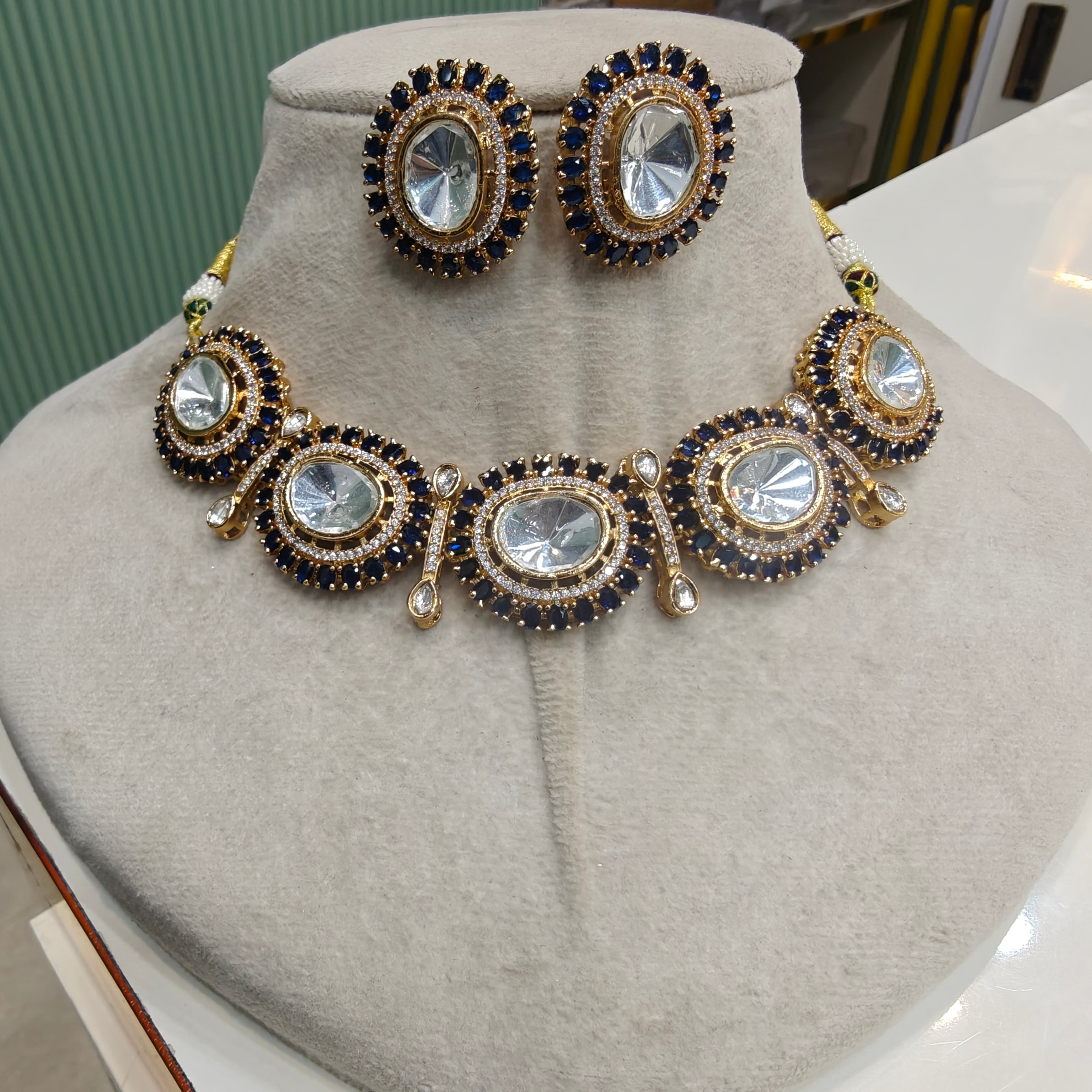 Anuja Uncut Polki Necklace Set- Blue