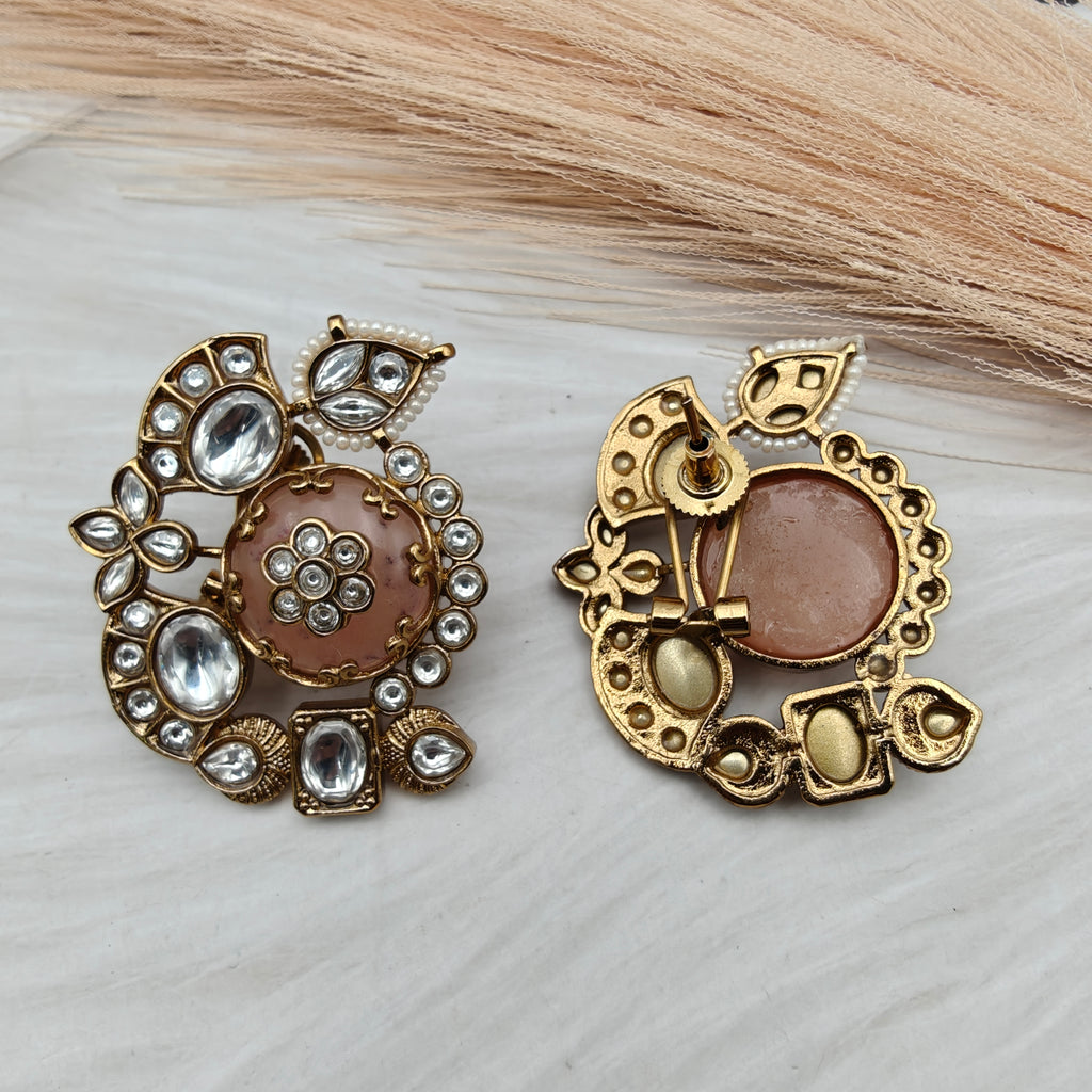 Heena Statement Jadau Kundan Studs- Peach Neutral