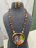 Radha Krishna Natural Stone Tanjore Necklace Set- Plum shade
