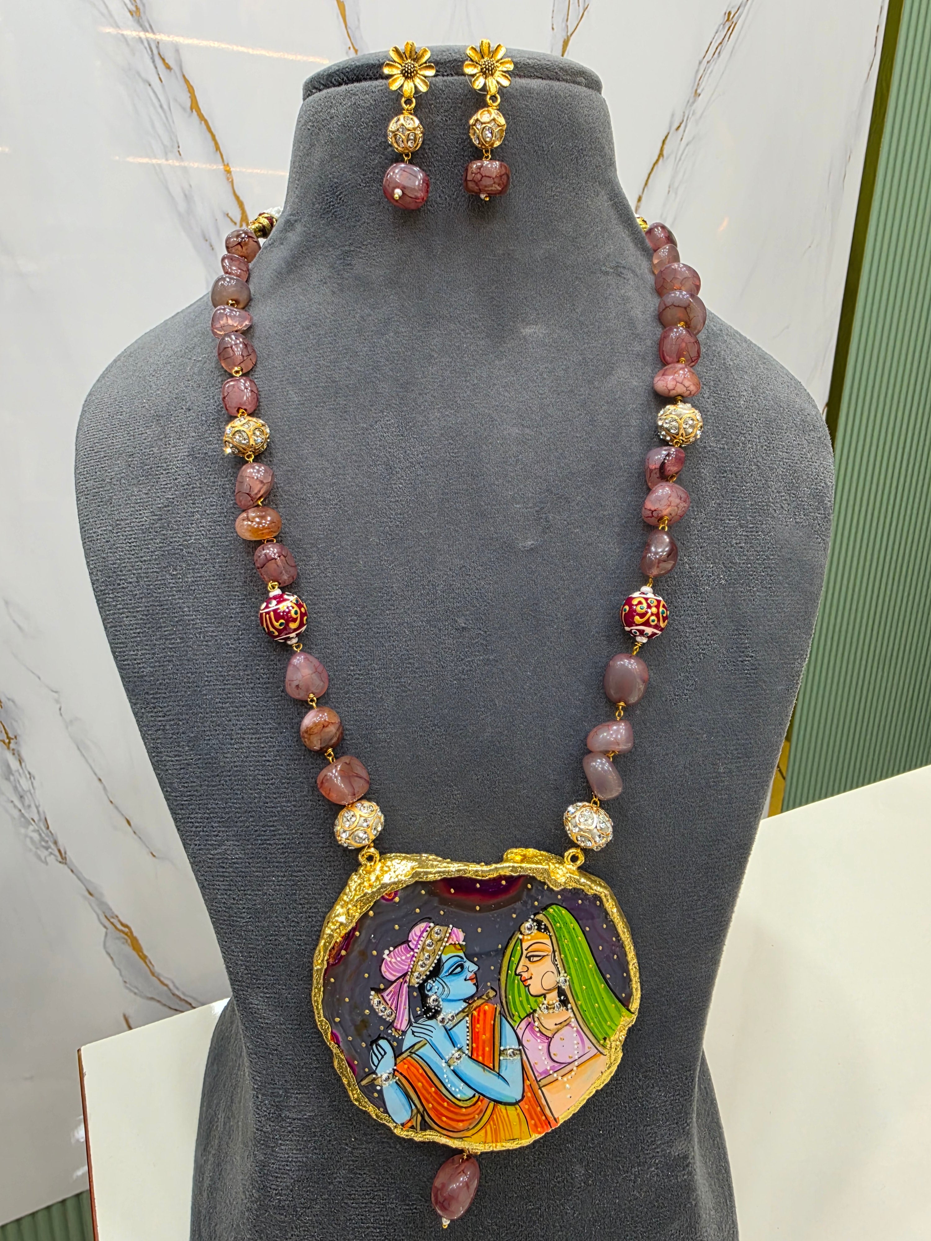Radha Krishna Natural Stone Tanjore Necklace Set- Plum shade