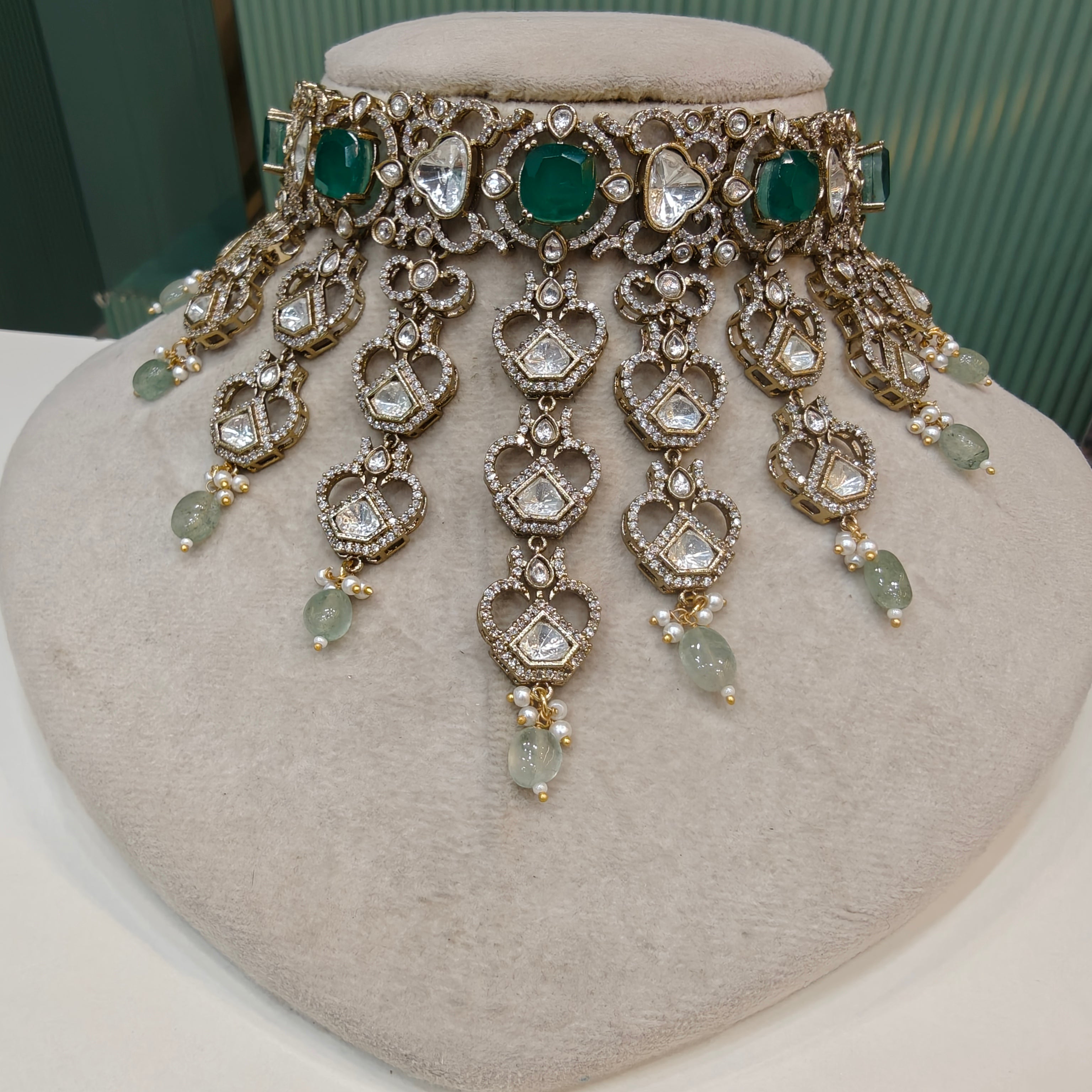Waterfall Polki Doublet Choker Necklace Set- Green
