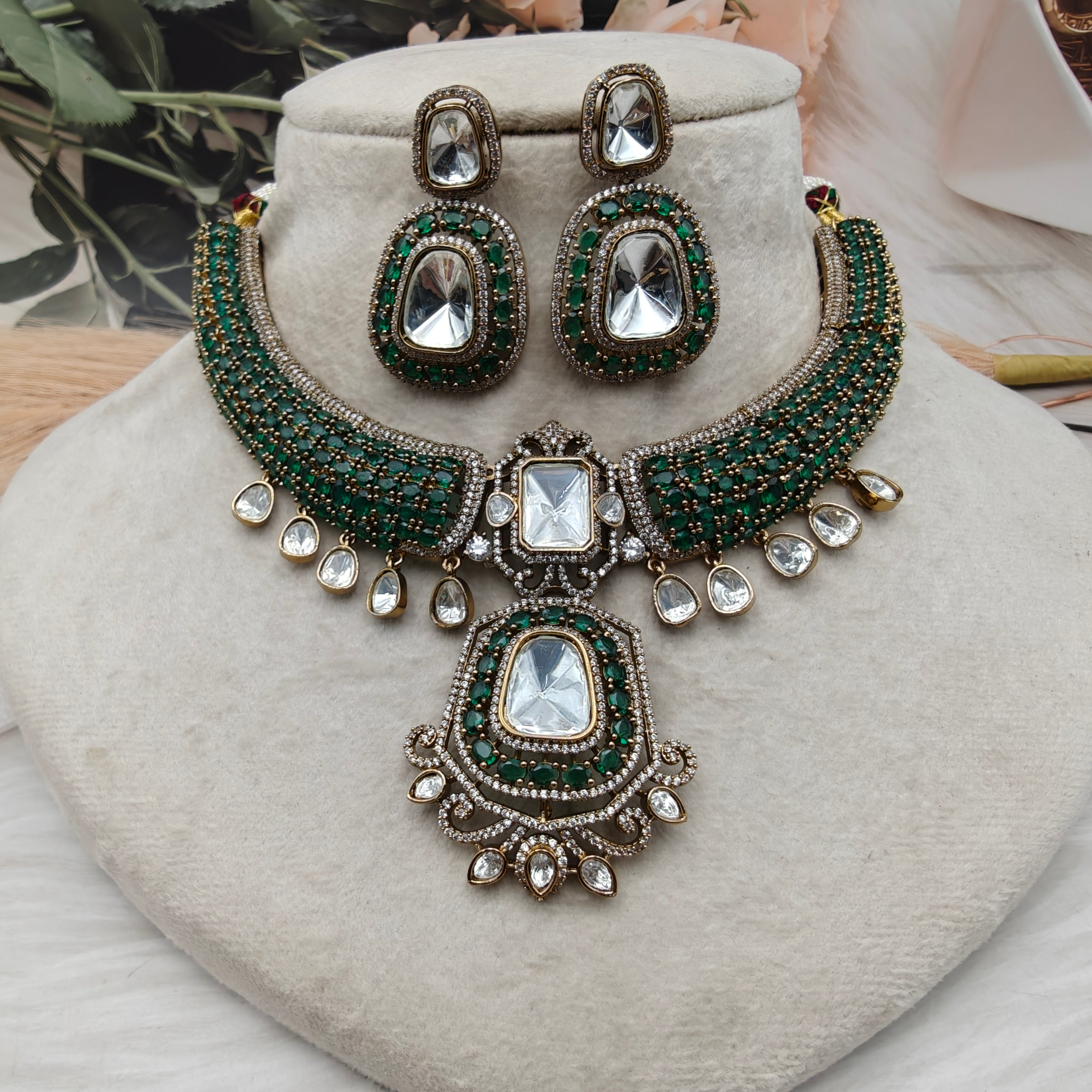 Naazni Moissanite Polki Premium Necklace Set - Green