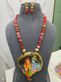 Radha Krishna Natural Stone Tanjore Necklace Set- Cherry Red