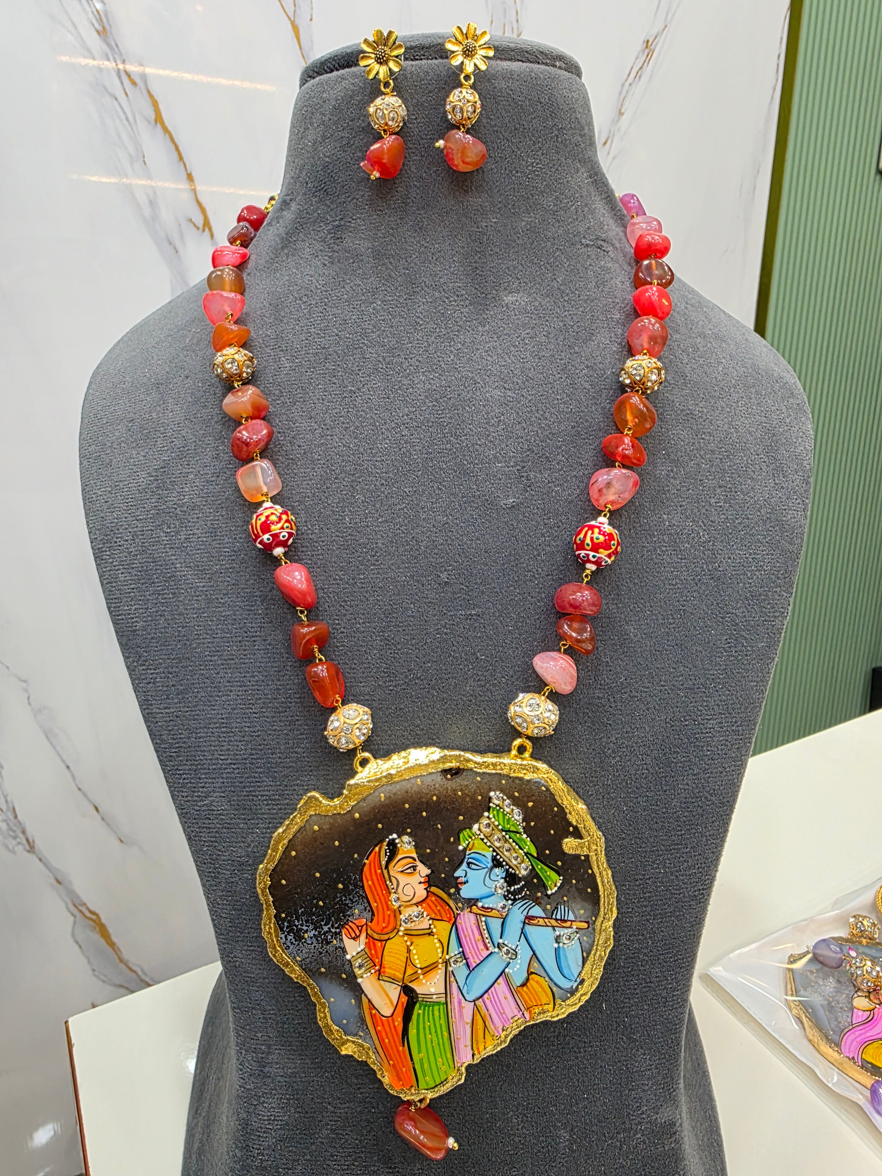 Radha Krishna Natural Stone Tanjore Necklace Set- Cherry Red